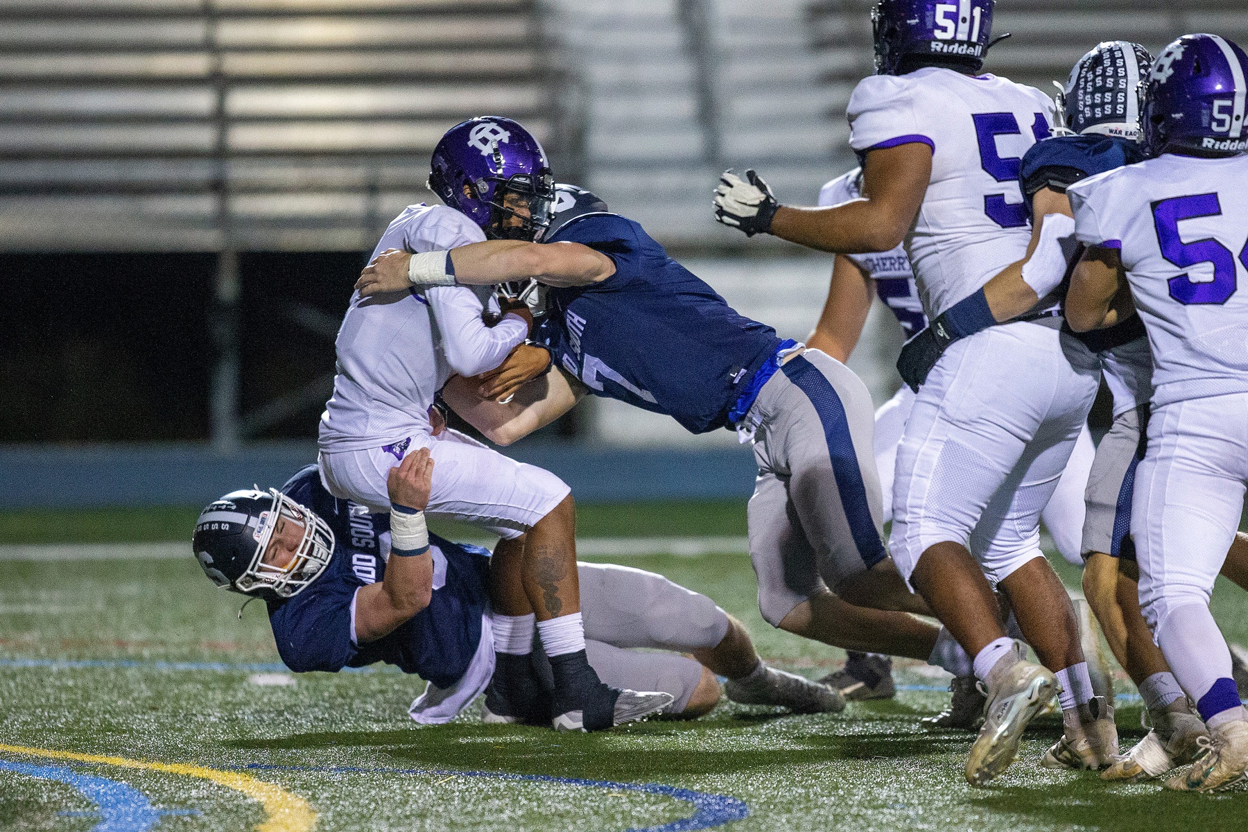 Cherry Hill West's Jordon DeJesus Gonzalez is sacked by Middletown South's Colin Gallagher and Luke Wafle during the first half of the Cherry Hill West vs. Middletown South NJSIAA Central Group 4 playoff football game at Middletown High School South in Middletown, NJ Friday, October 28, 2022.

Mid03