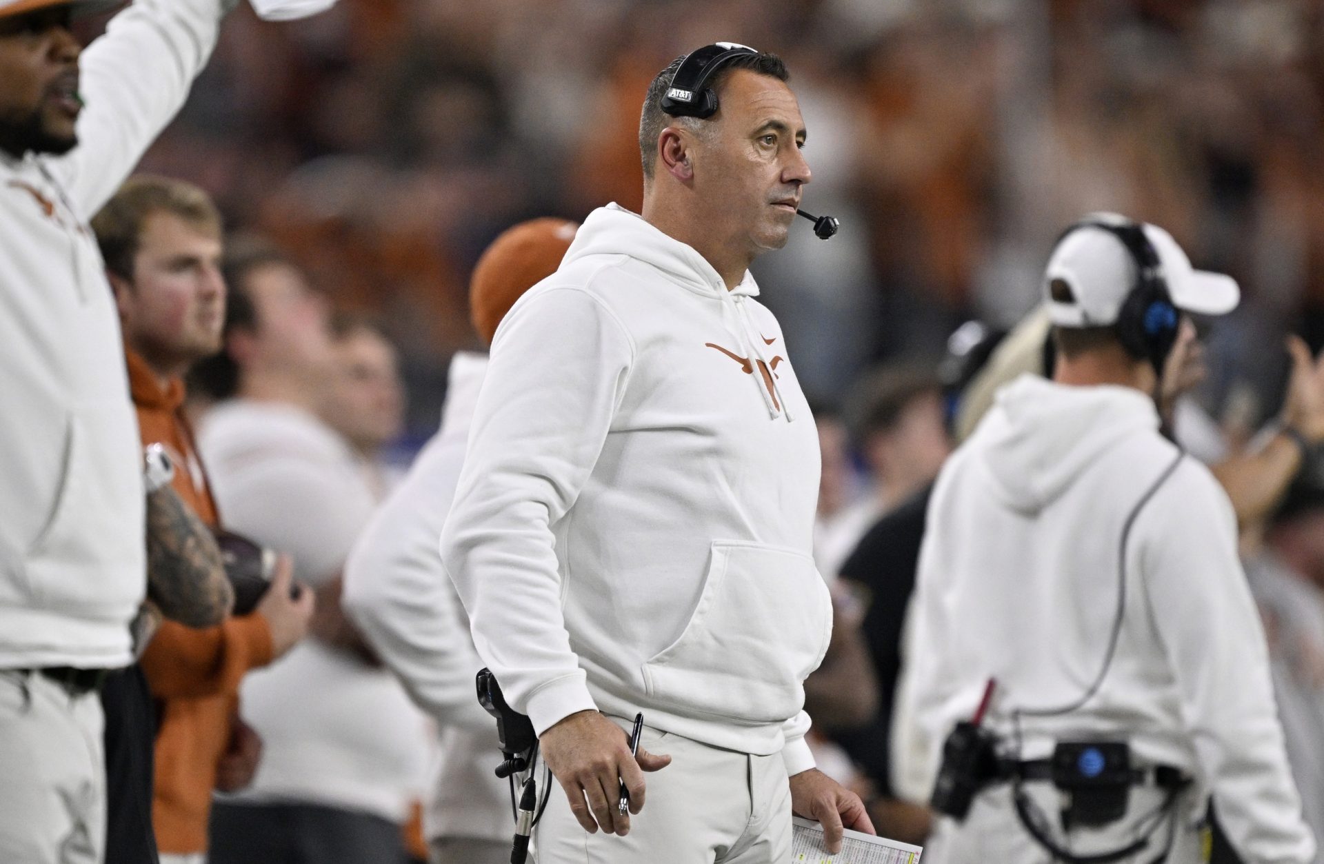 Texas Longhorns head coach Steve Sarkisian during the second quarter of the College Football Playoff semifinal against the Ohio State Buckeyes in the Cotton Bowl at AT&T Stadium.