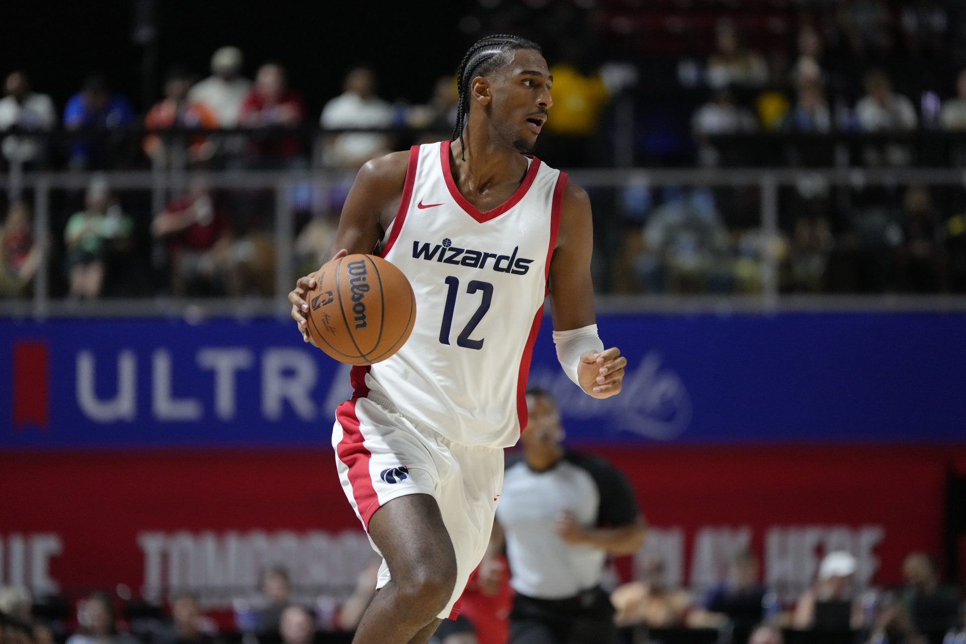 Washington Wizards center Alex Sarr (12) dribbles the ball against the Atlanta Hawks during the second half at Thomas & Mack Center.