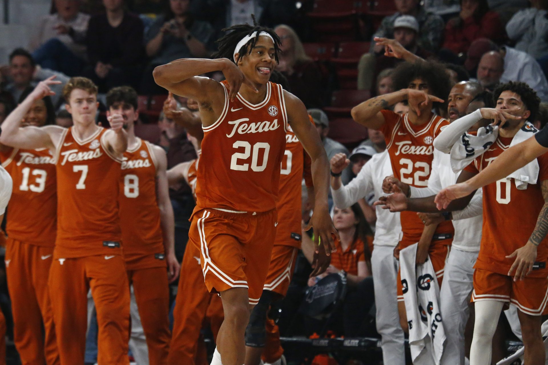 Texas Longhorns guard Tre Johnson (20) reacts after basket during the second half against the Mississippi State Bulldogs at Humphrey Coliseum.