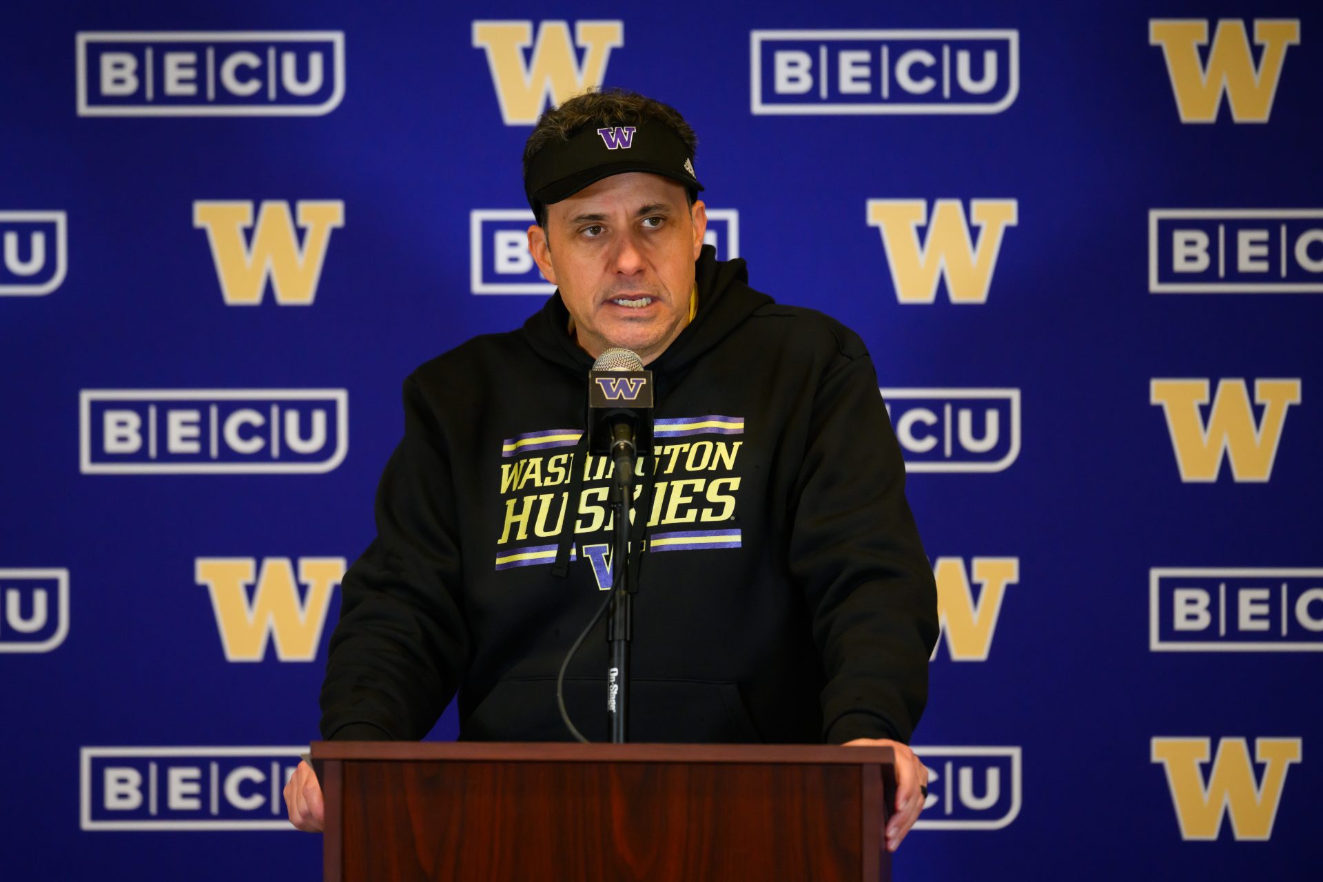 Washington Huskies head coach Jedd Fisch speaks to the media after the game against the UCLA Bruins at Alaska Airlines Field at Husky Stadium.