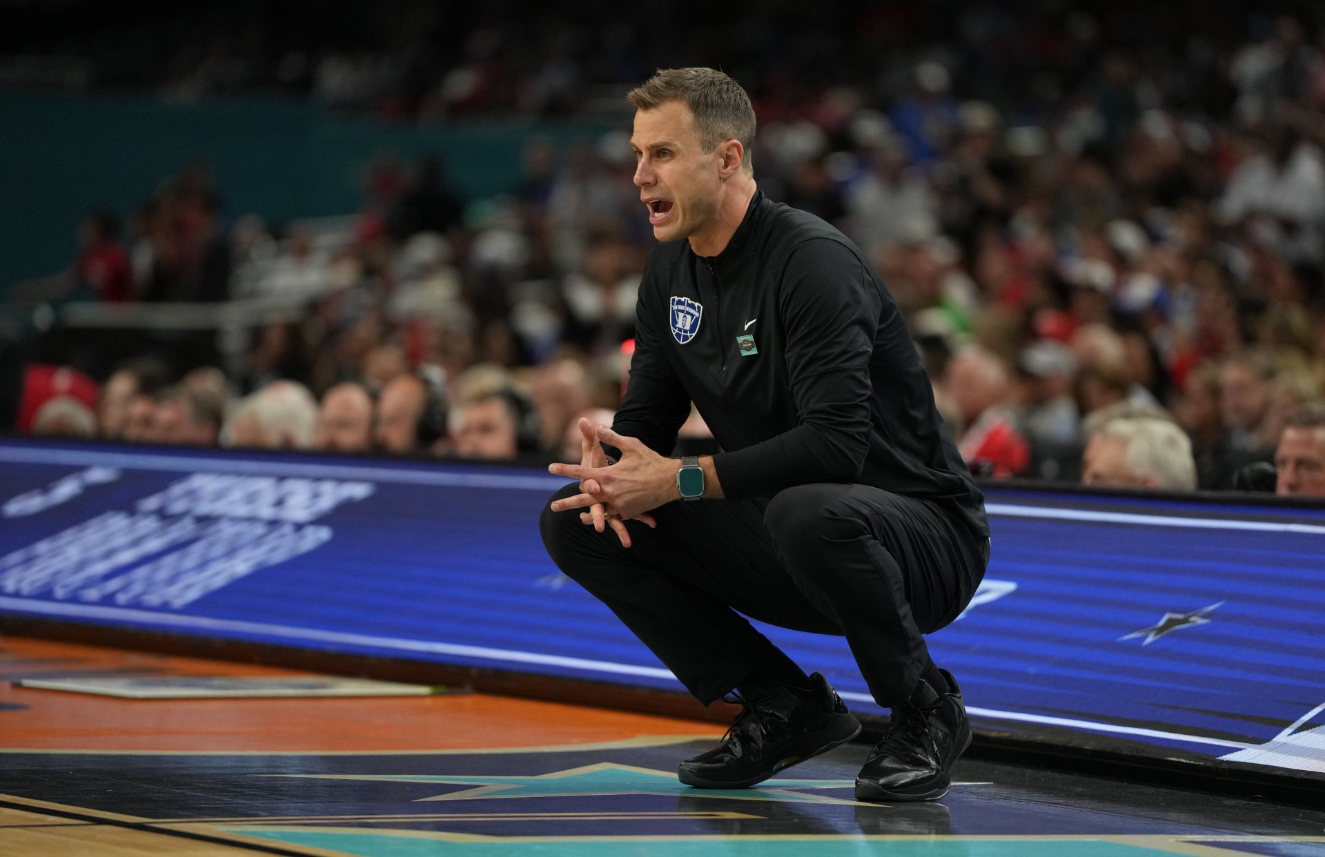 Duke Blue Devils head coach Jon Scheyer looks on during the second half in the semifinals of the men's Final Four of the 2025 NCAA Tournament at the Alamodome.