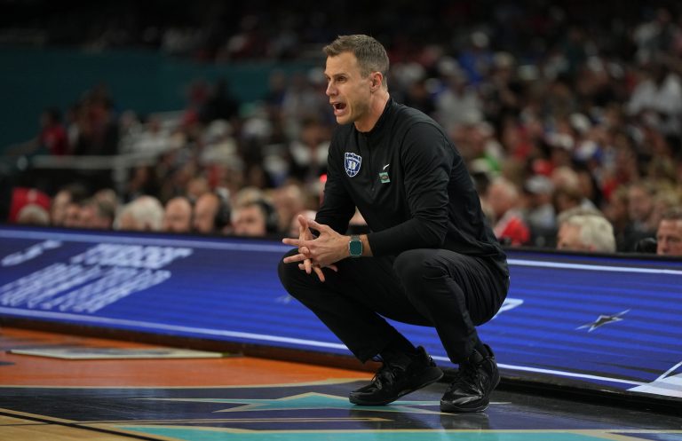 Duke Blue Devils head coach Jon Scheyer looks on during the second half in the semifinals of the men's Final Four of the 2025 NCAA Tournament at the Alamodome.