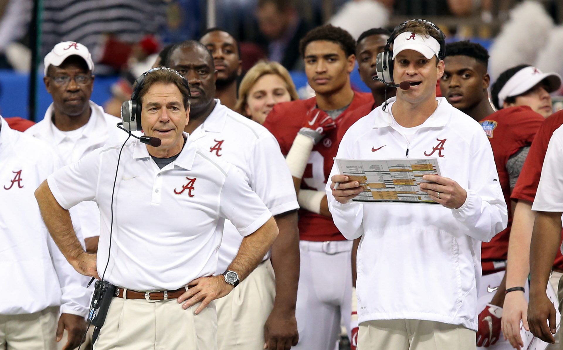 Alabama Crimson Tide head coach Nick Saban and offensive coordinator Lane Kiffin on the sidelines in the second quarter of the 2015 Sugar Bowl at Mercedes-Benz Superdome.