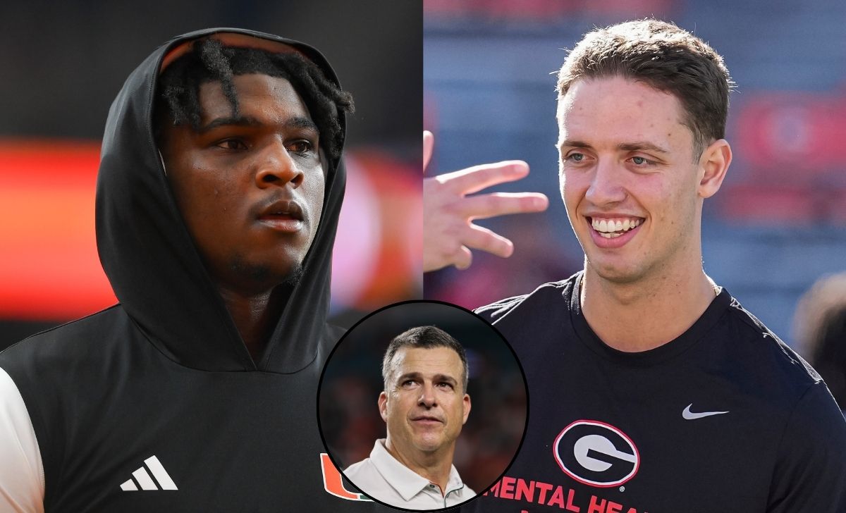 Cam Ward (L) | Carson Beck (R) | Mario Cristobal (Inset)