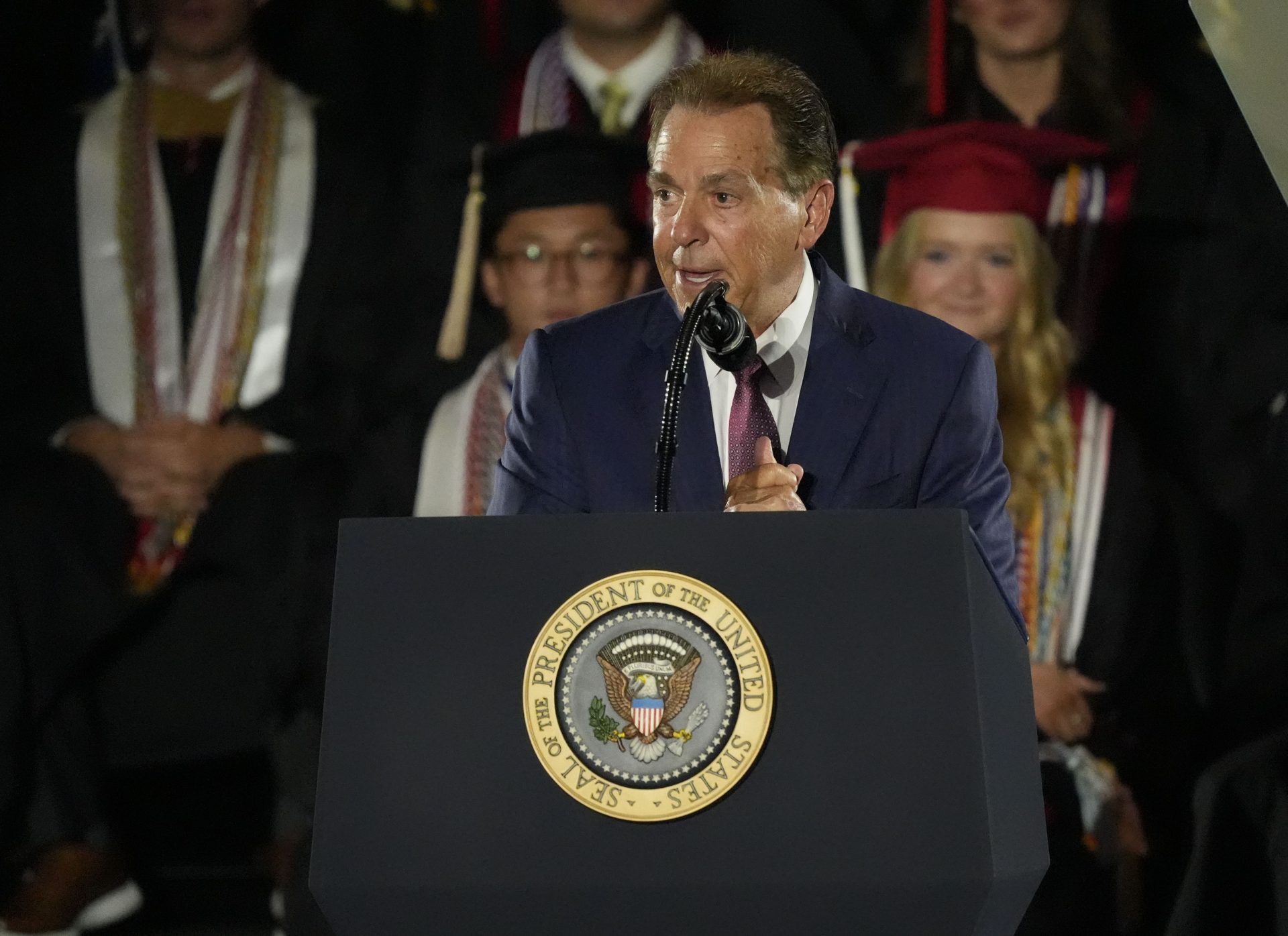 Former Alabama football coach Nick Saban introduces President Donald Trump. Trump delivered a special commencement address to University of Alabama graduates at Coleman Coliseum. Graduation occurs over the weekend.