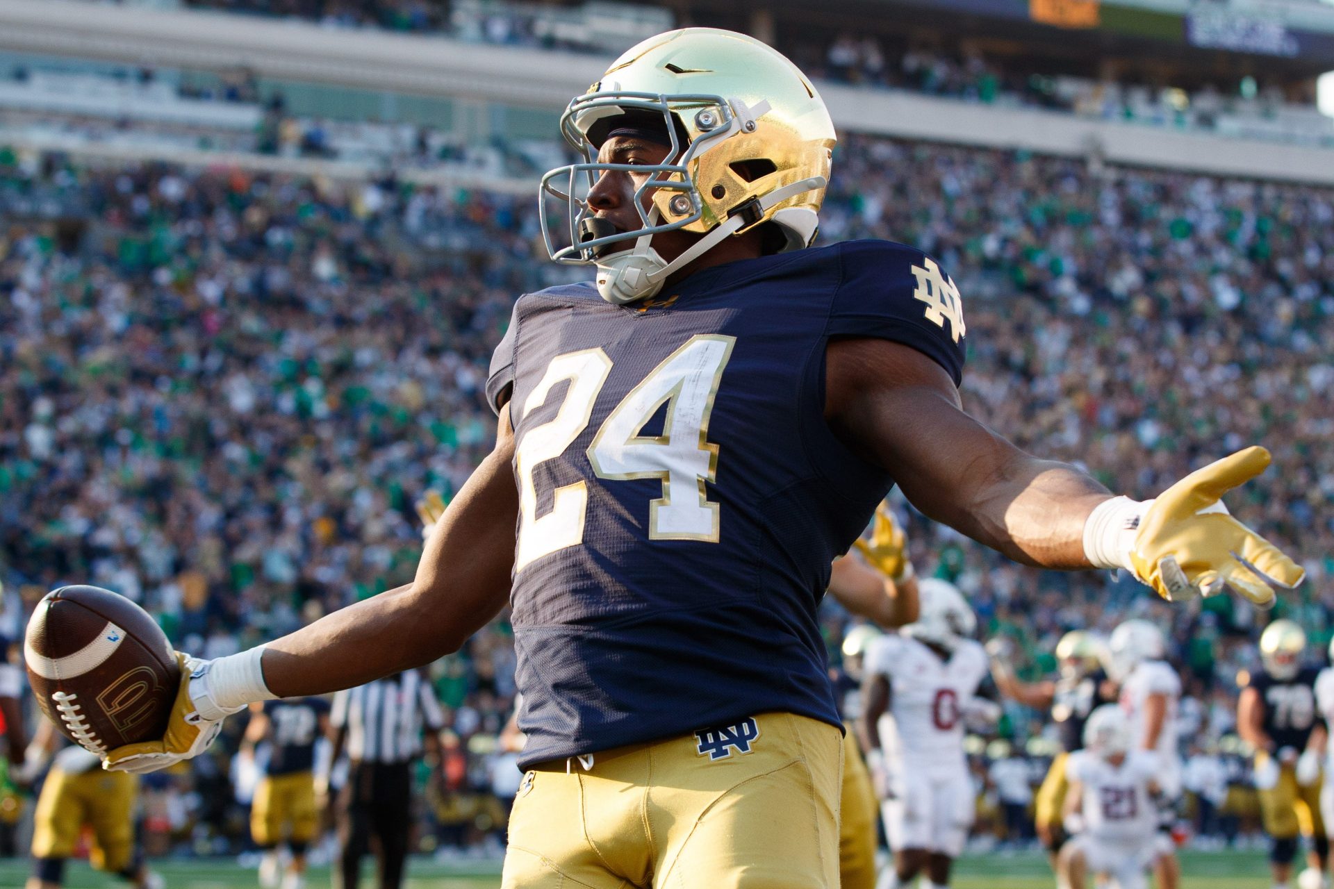Notre Dame running back Jadarian Price celebrates scoring a touchdown during a NCAA college football game between Notre Dame and Stanford at Notre Dame Stadium on Saturday, Oct. 12, 2024, in South Bend.