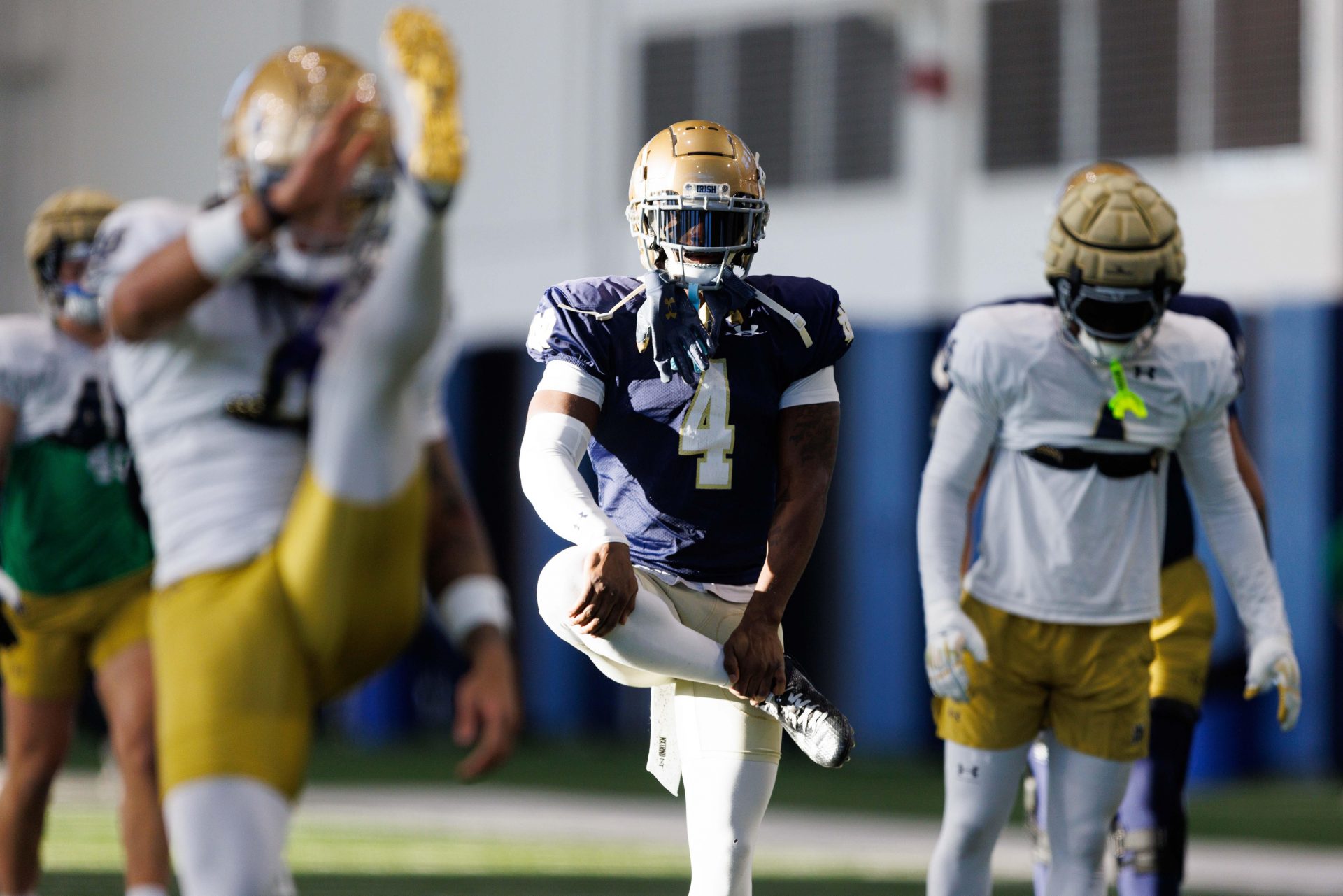 Notre Dame running back Jeremiyah Love (4) during a Notre Dame football spring practice at Irish Athletic Center on Wednesday, March 26, 2025, in South Bend.