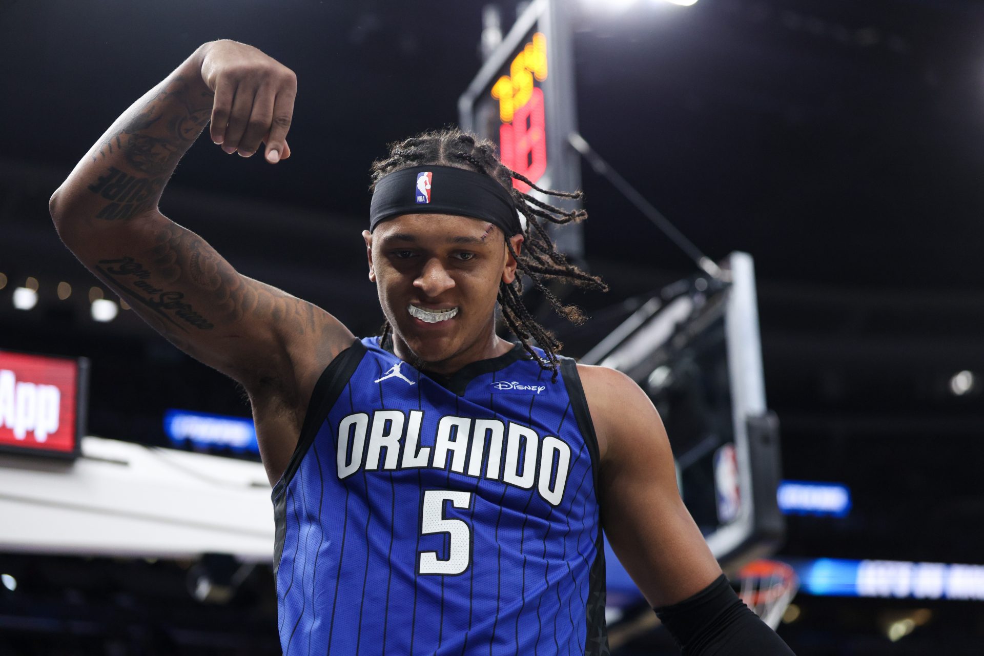 Orlando Magic forward Paolo Banchero (5) reacts after basket against the Atlanta Hawks in the fourth quarter at Kia Center.