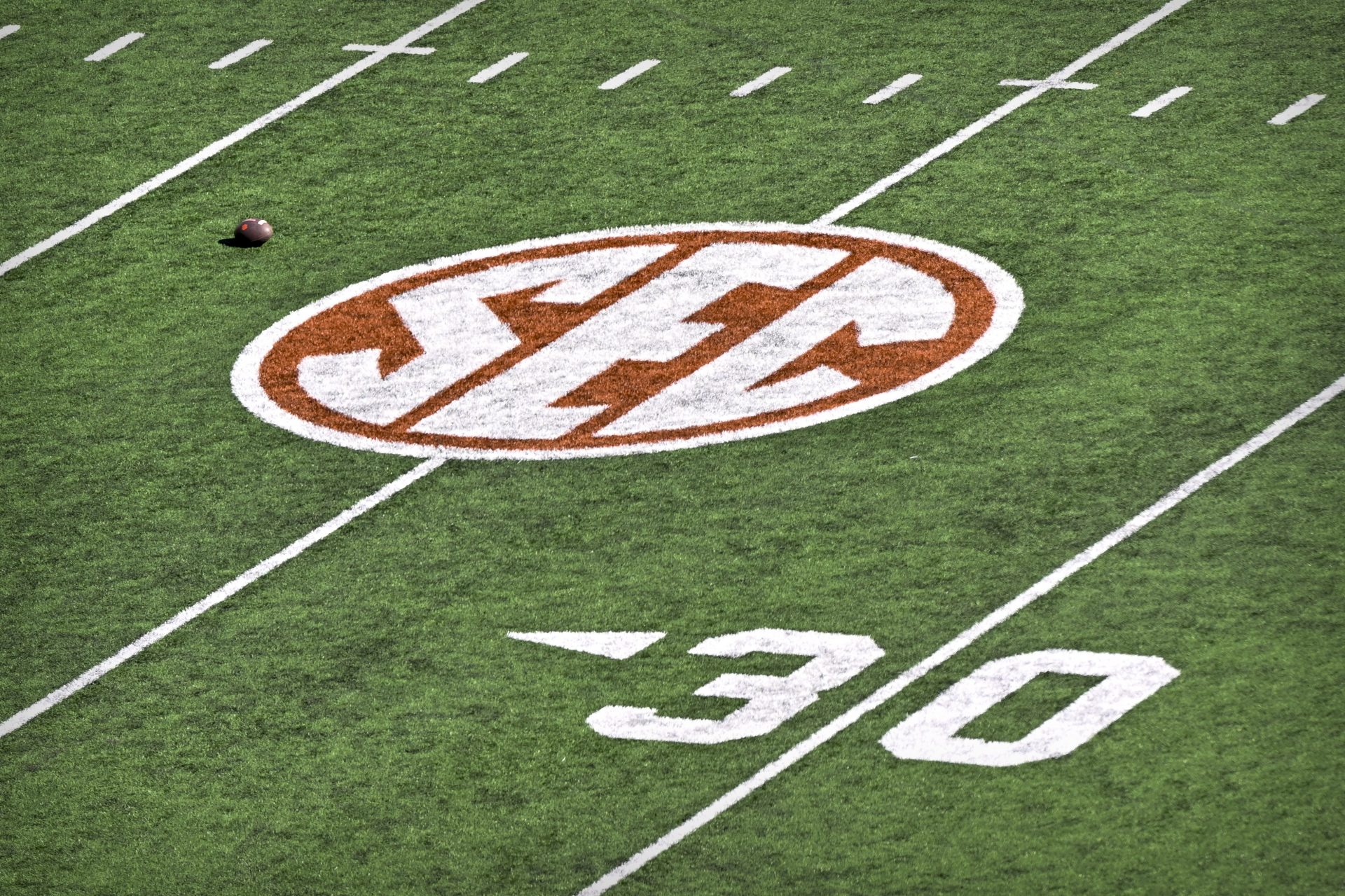 A general view of the field and the SEC logo before the game between the Texas Longhorns and the Clemson Tigers in the CFP National Playoff first round game at Darrell K Royal-Texas Memorial Stadium.