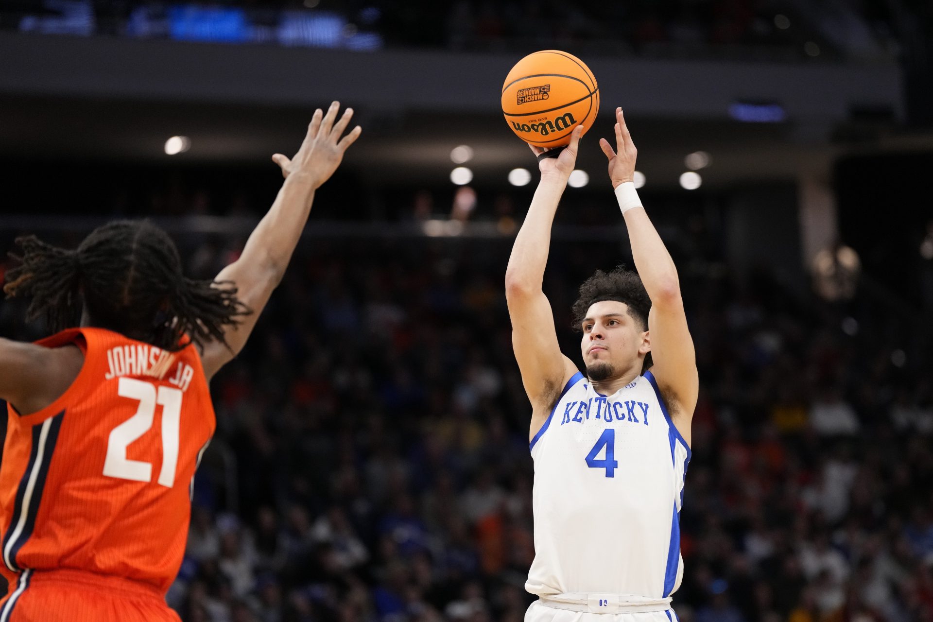 Kentucky Wildcats guard Koby Brea (4) shoots against Illinois Fighting Illini forward Morez Johnson Jr. (21) during the first half in the second round of the NCAA Tournament at Fiserv Forum.