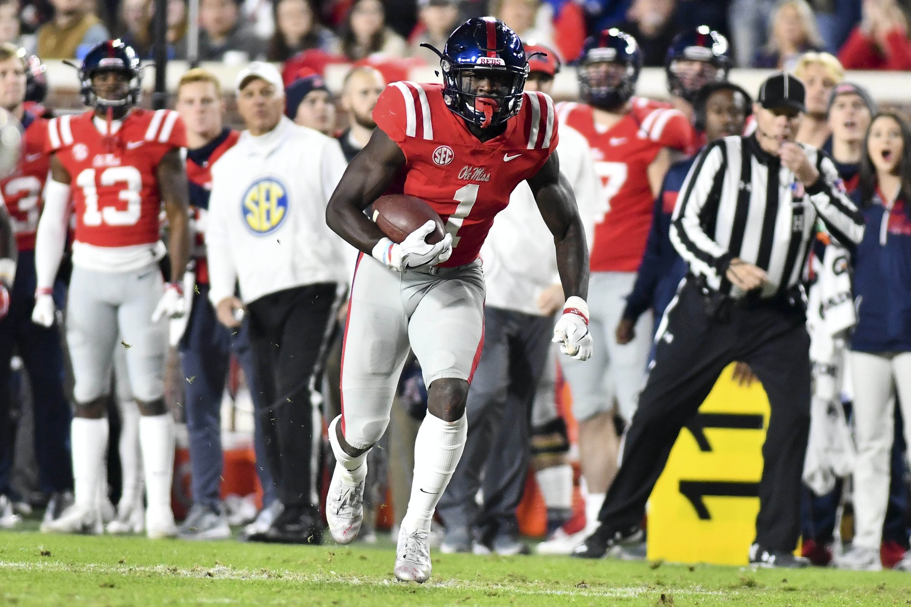 Mississippi Rebels wide receiver A.J. Brown (1) runs the ball against the Mississippi State Bulldogs during the second quarter  at Vaught-Hemingway Stadium.