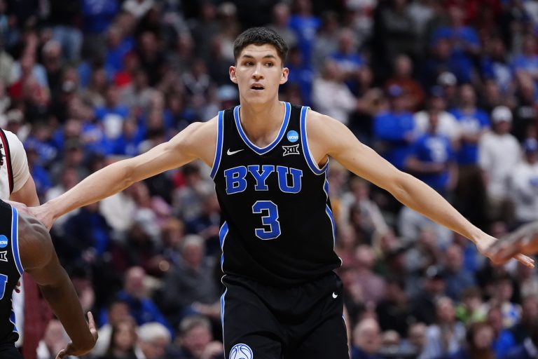 Brigham Young Cougars guard Egor Demin (3) reacts against the Wisconsin Badgers during the second half in the second round of the NCAA Tournament  at Ball Arena.