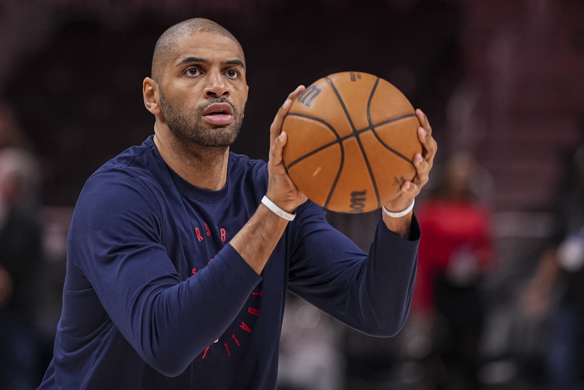 LA Clippers forward Nicolas Batum (33) warms up on the court prior to the game against the Atlanta Hawks at State Farm Arena.