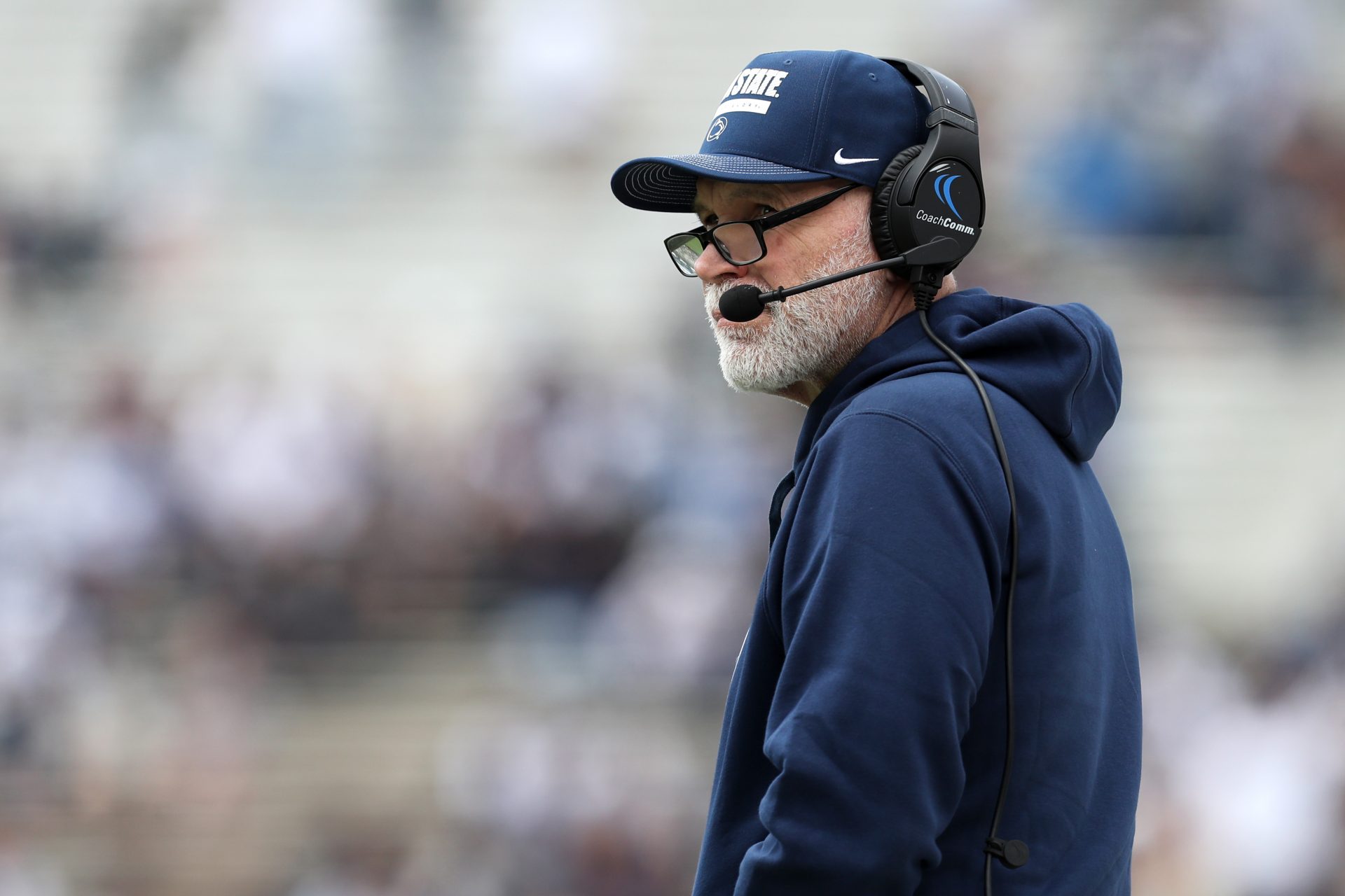 Penn State Nittany Lions defensive coordinator Jim Knowles looks on from the sideline during the third quarter of the Blue White spring game at Beaver Stadium. The White team defeated the Blue team 10-8.