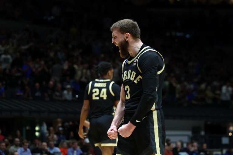 Purdue Boilermakers guard Braden Smith (3) reacts against the Houston Cougars in the first half during a Midwest Regional semifinal of the 2025 NCAA tournament at Lucas Oil Stadium.