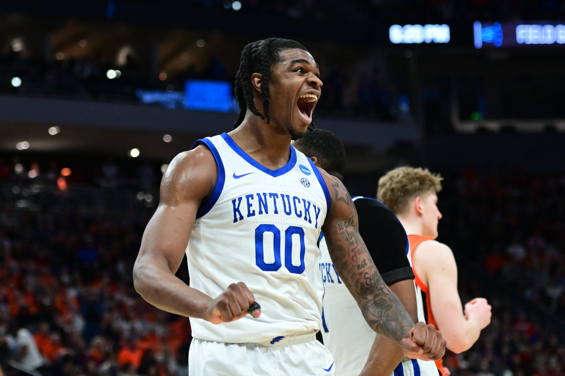 Kentucky Wildcats guard Otega Oweh (00) reacts during the second half in the second round of the NCAA Tournament against the Illinois Fighting Illini at Fiserv Forum.