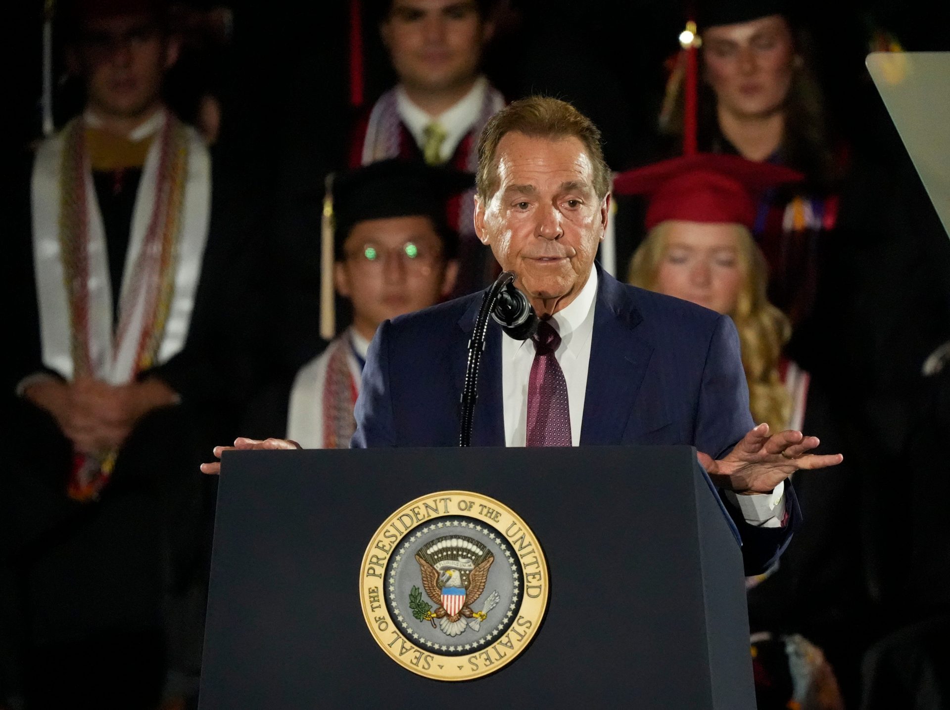 Legendary Alabama football coach Nick Saban introduces President Donald Trump. Trump delivered a special commencement address to University of Alabama graduates at Coleman Coliseum. Graduation occurs over the weekend.