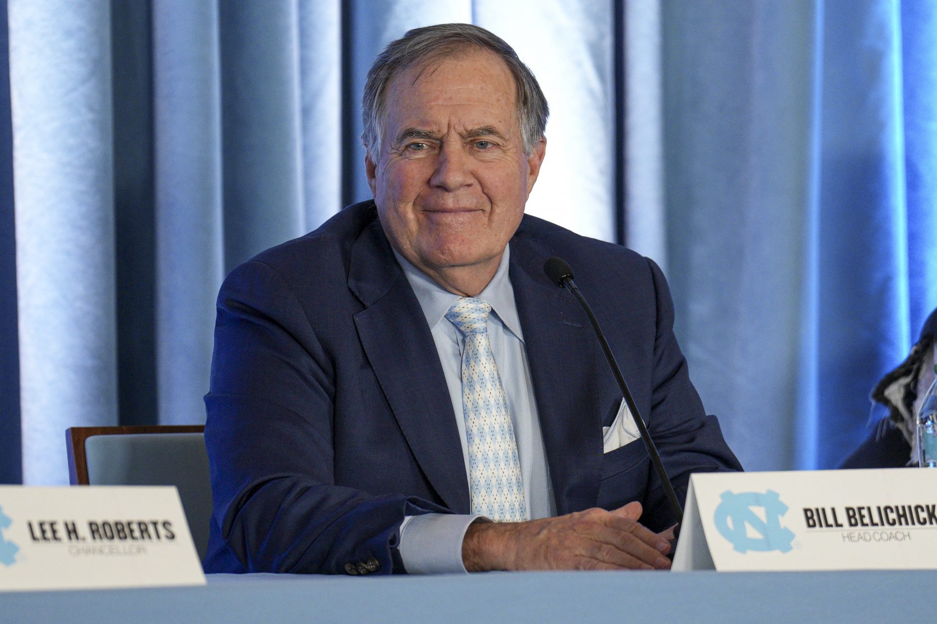 North Carolina Tar Heels new head coach Bill Belichick speaks to those attending his hiring announcement  at Loudermilk Center for Excellence.
