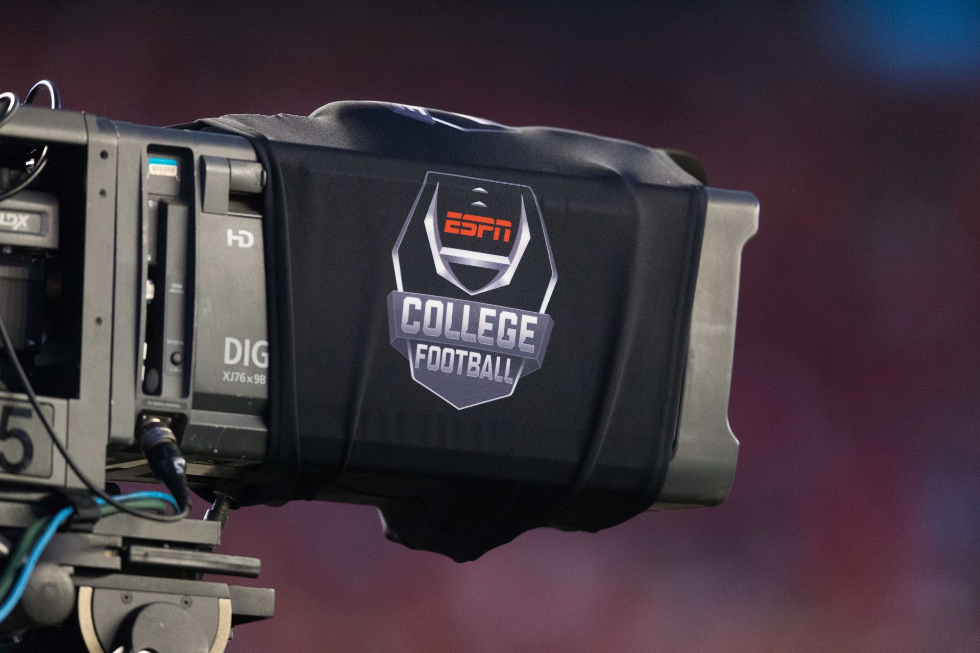 ESPN College Football logo on a tv camera prior to the game between the Western Kentucky Hilltoppers and Wisconsin Badgers at Camp Randall Stadium.