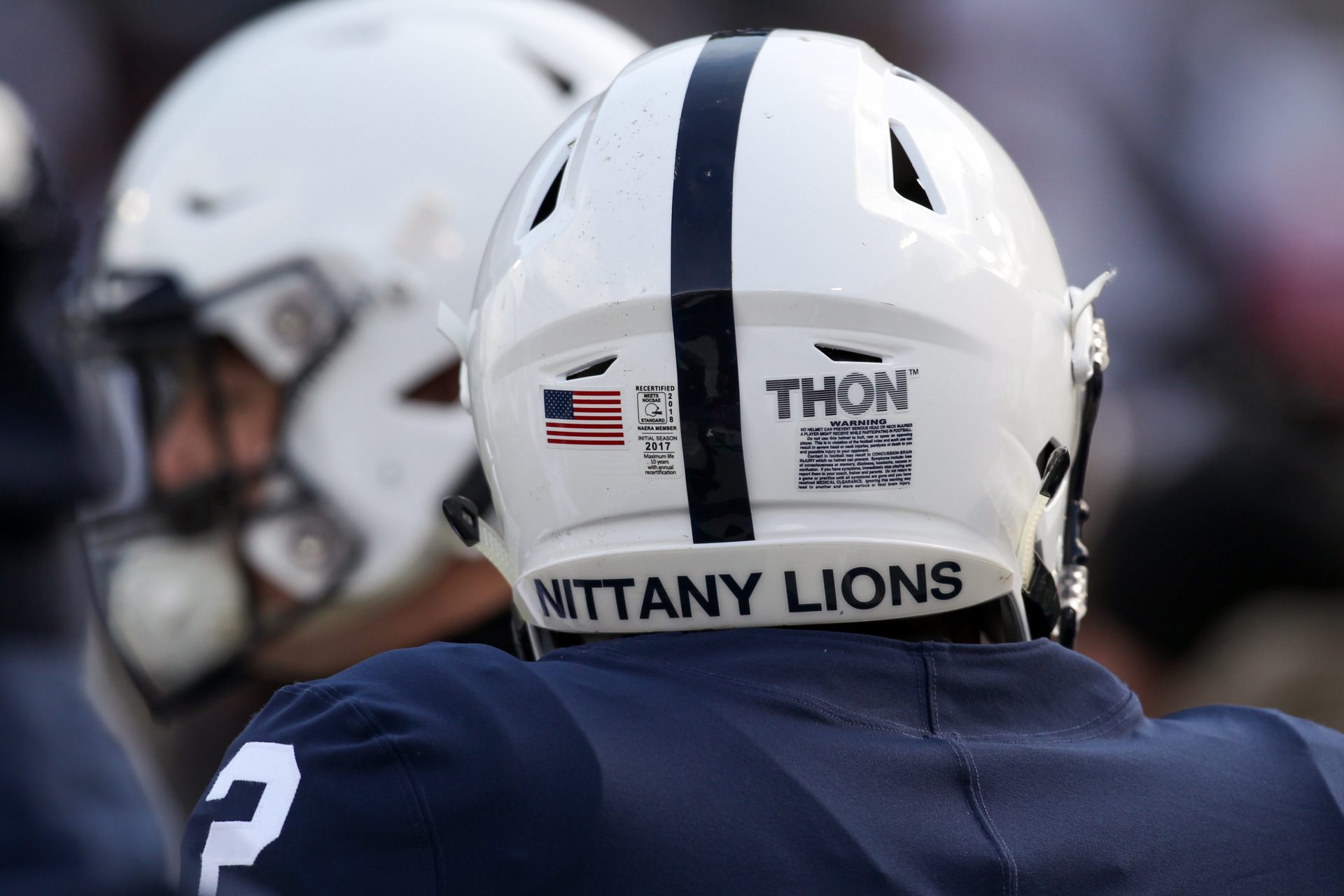 A detailed view of the THON sticker on the helmet of a Penn State Nittany Lions player during a warmup prior to a game against the Wisconsin Badgers at Beaver Stadium.