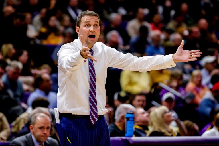 LSU Tigers head coach Will Wade reacts to play in the first half against Memphis Tigers at Maravich Assembly Center.