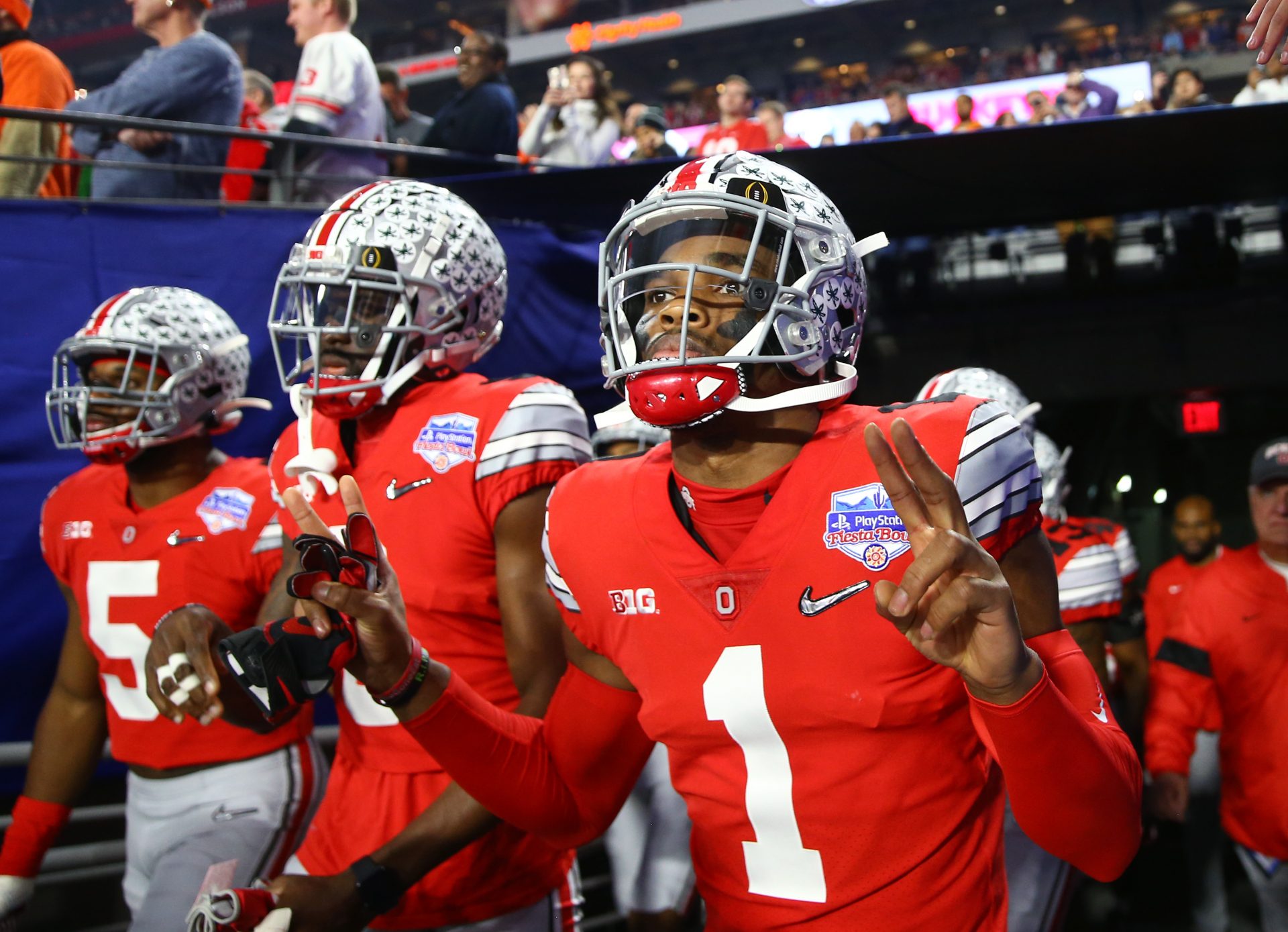 019; Glendale, AZ, USA; Ohio State Buckeyes cornerback Jeff Okudah (1) during the 2019 Fiesta Bowl college football playoff semifinal game against the Clemson Tigers at State Farm Stadium.