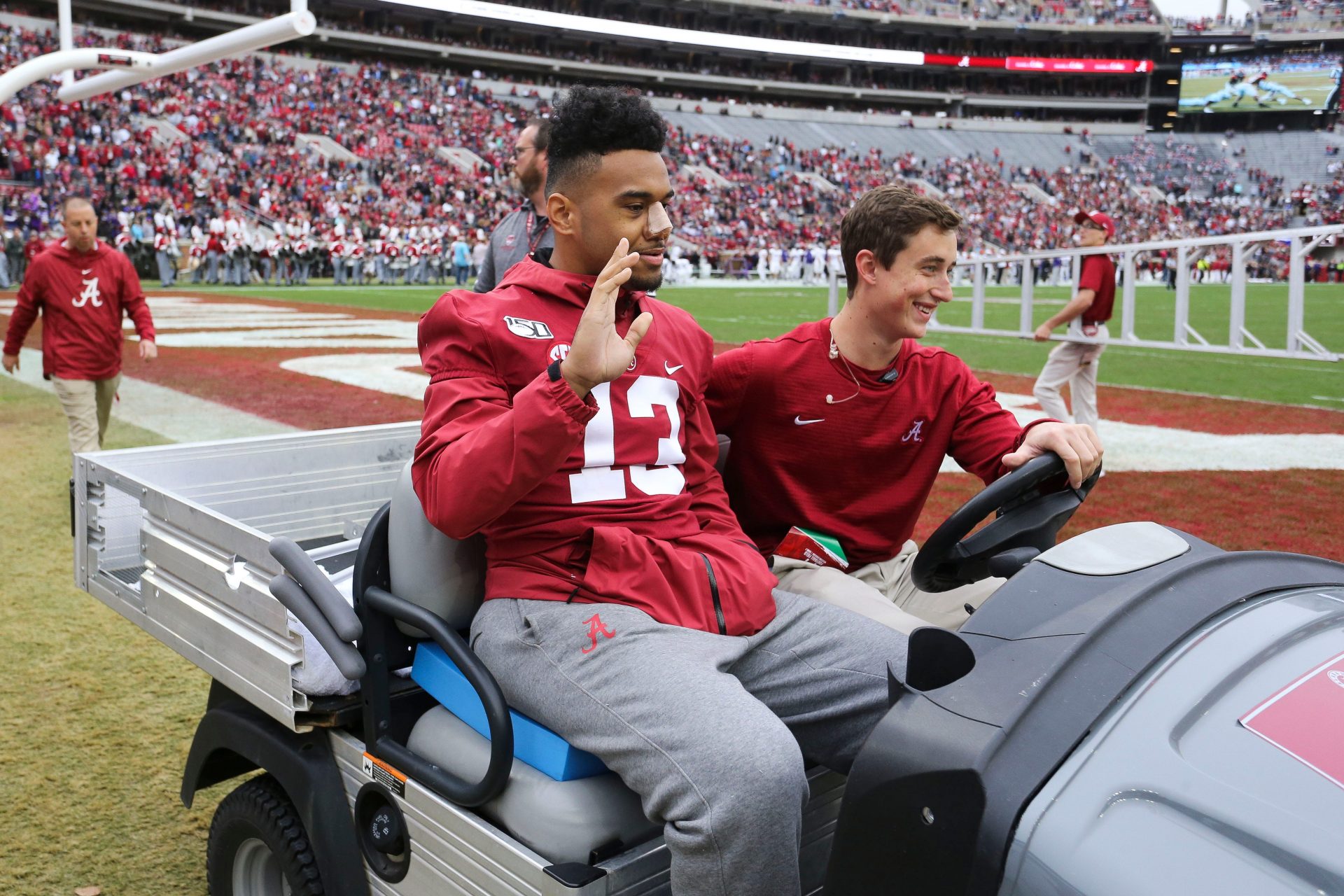 Injured Alabama quarterback Tua Tagovailoa watched the first half of the game with Western Carolina from a cart. Tagovailoa had surgery on his hip earlier in the week in Houston. [Staff Photo/Gary Cosby Jr.]

Tua At Wester Carolina Game