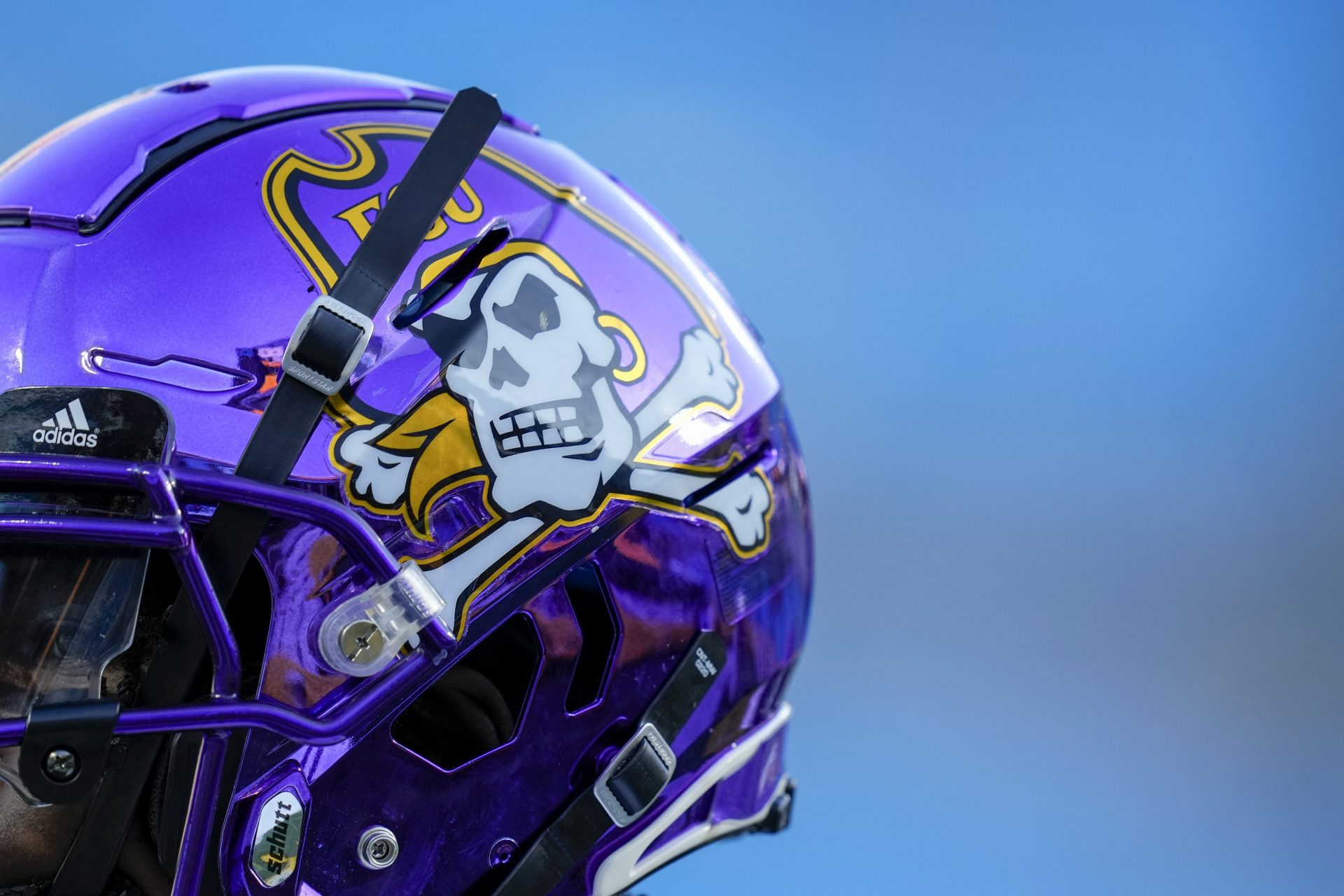 East Carolina Pirates helmet before the game against the Appalachian State Mountaineers at Bank of America Stadium.