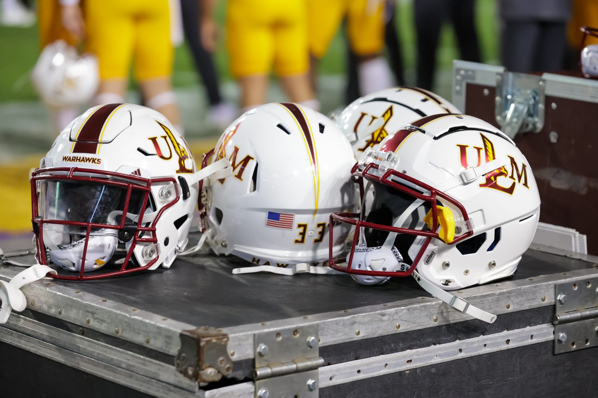 Louisiana Monroe Warhawks helmets against LSU Tigers during the first half at Tiger Stadium.