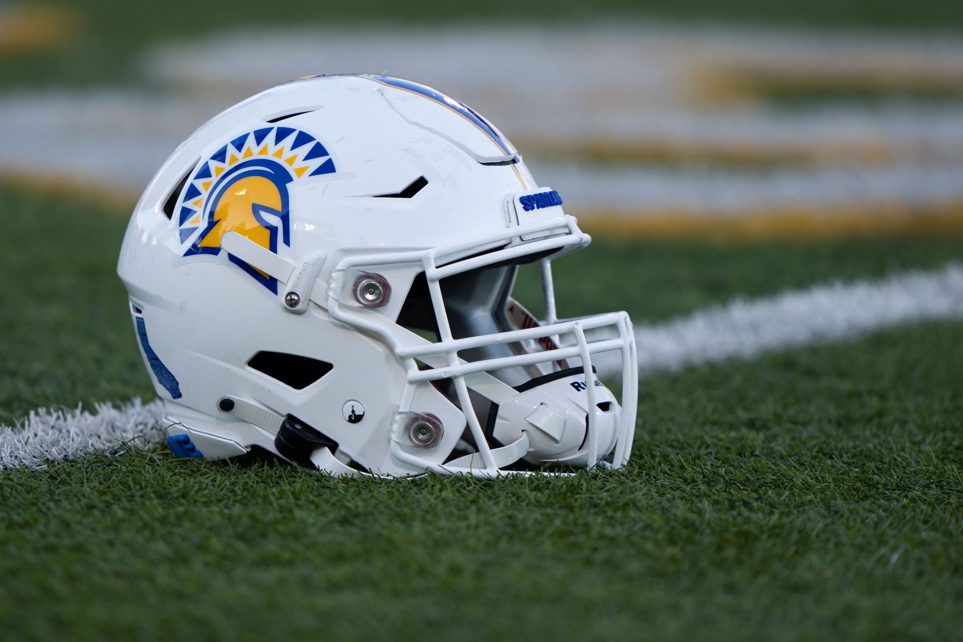 General view of the San Jose State Spartans helmet before the start of the game against the Portland State Vikings at CEFCU Stadium.