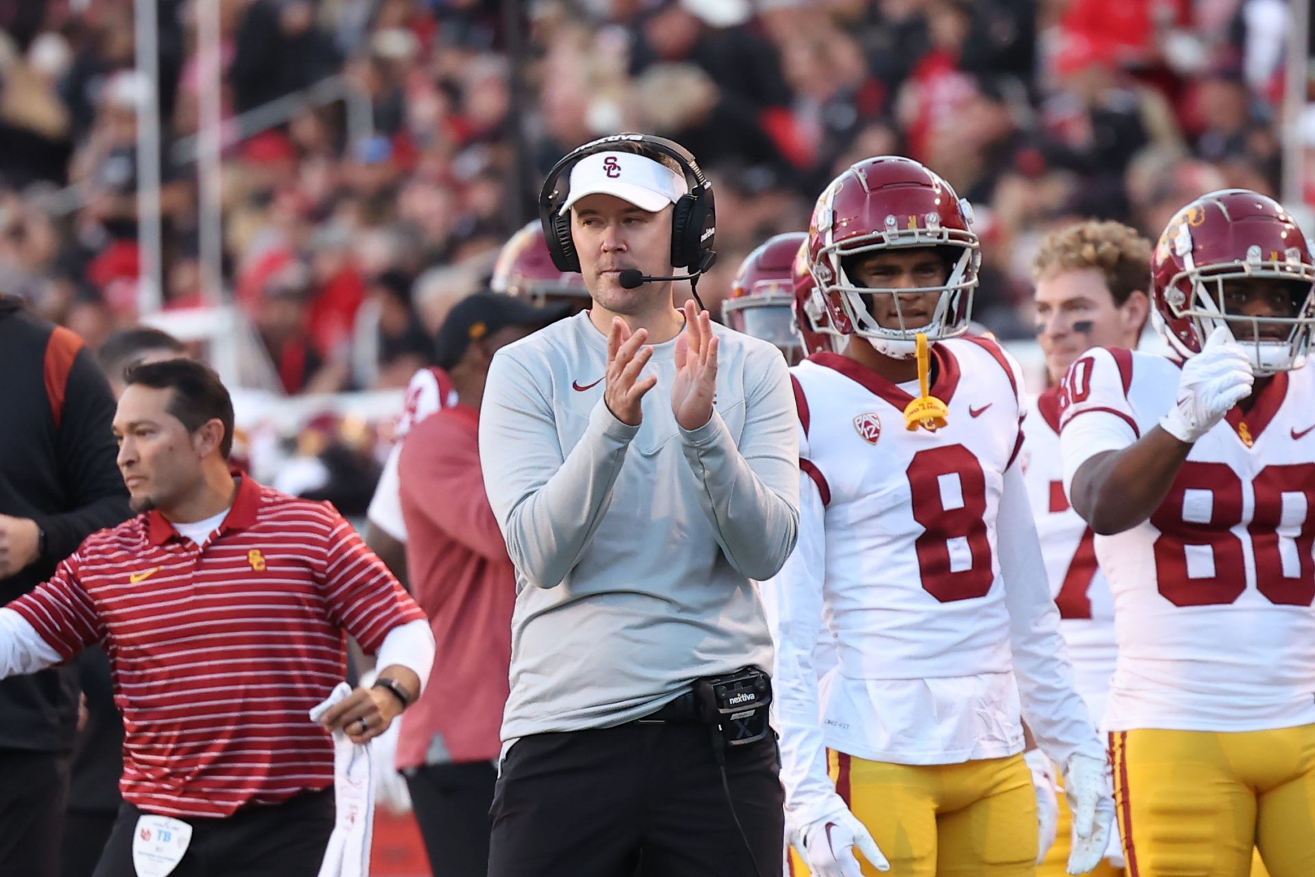USC Trojans head coach Lincoln Riley reacts to a touchdown against the Utah Utes in the first quarter at Rice-Eccles Stadium.