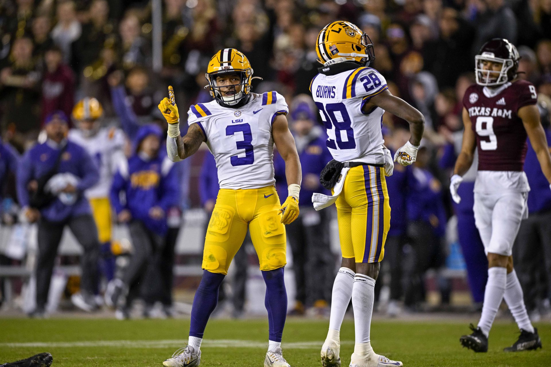 LSU Tigers safety Greg Brooks Jr. (3) and safety Major Burns (28) in action during the game between the Texas A&M Aggies and the LSU Tigers at Kyle Field.