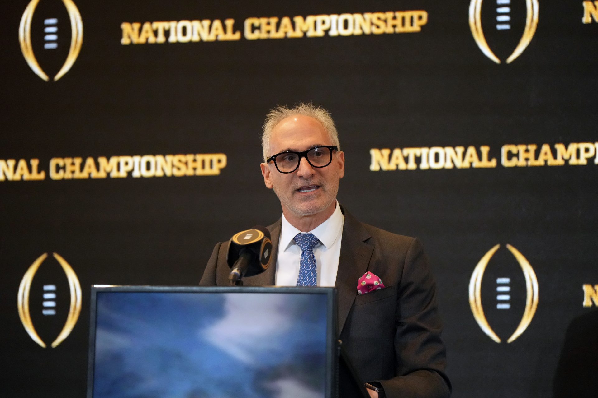 Los Angeles host commitee chairman James Rishwain speaks during the Los Angeles College Football Playoff host committee handoff to Houston press conference at Los Angeles Airport Marriott.