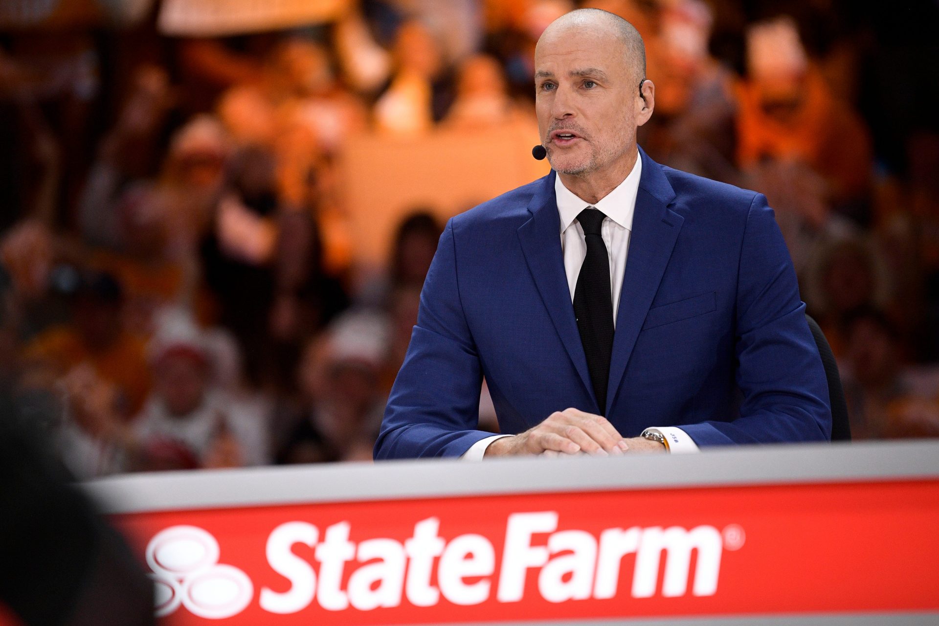 ESPN's Jay Bilas speaks during ESPN's 'College GameDay' broadcast ahead of No. 4 Tennessee's basketball game against No. 10 Texas at Thompson-Boling Arena in Knoxville, Tenn., on Saturday, Jan. 28, 2023.