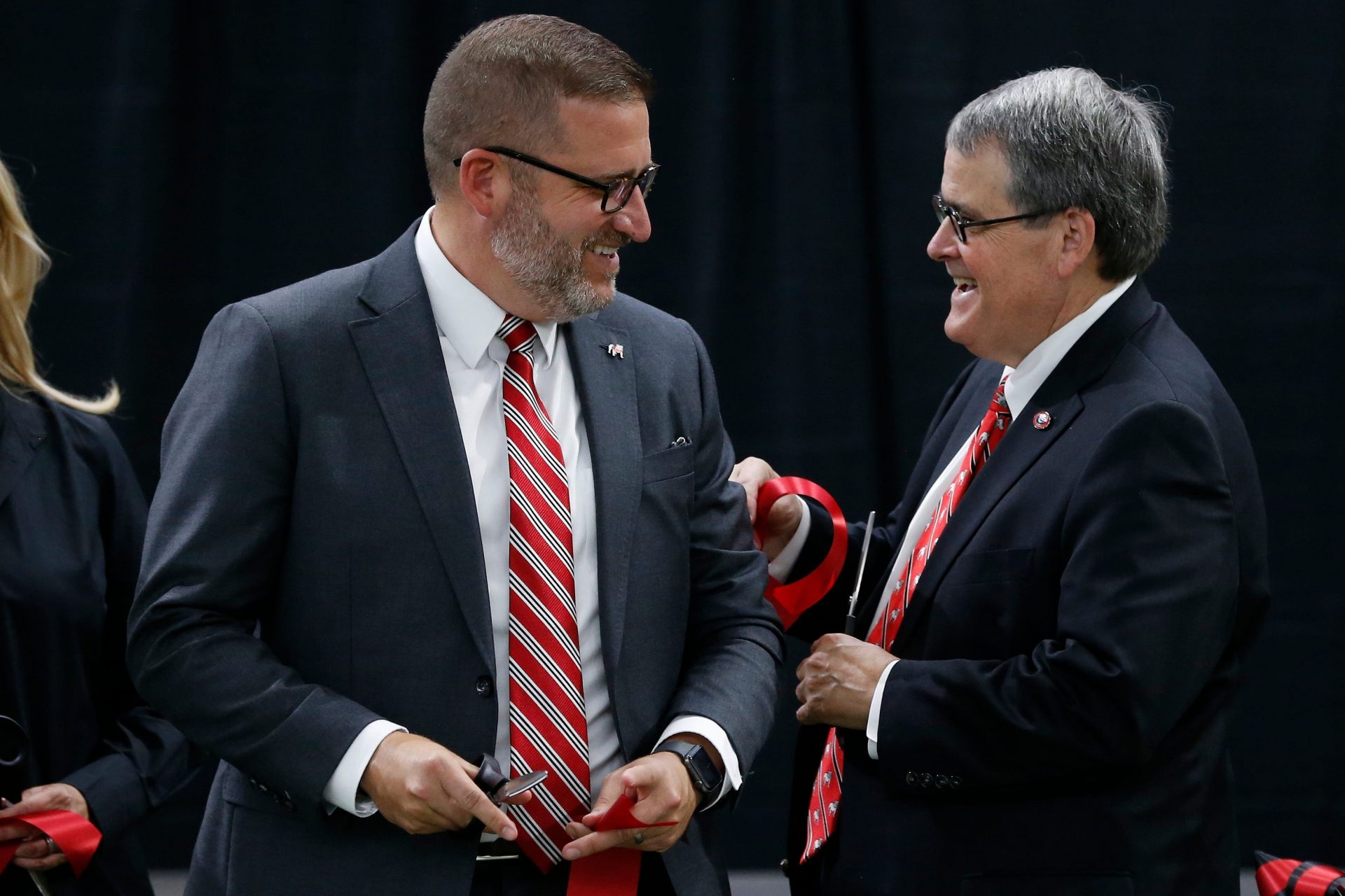 UGA Director of Athletics Josh Brooks and UGA President Jere W. Morehead celebrate after cutting the ribbon on the new Butts-Mehre Heritage Hall expansion and renovation in Athens, Ga., on Tuesday, May 17, 2022.

Syndication Online Athens