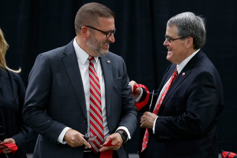 UGA Director of Athletics Josh Brooks and UGA President Jere W. Morehead celebrate after cutting the ribbon on the new Butts-Mehre Heritage Hall expansion and renovation in Athens, Ga., on Tuesday, May 17, 2022.

Syndication Online Athens