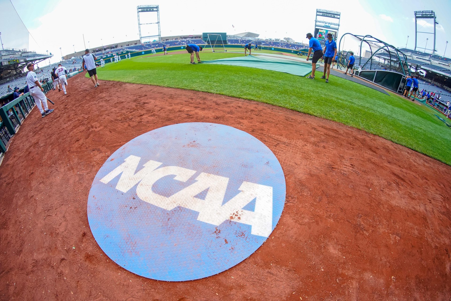 An on-deck circle with the NCAA logo is pictured on the field before the game between the Virginia Cavaliers and the TCU Horned Frogs at Charles Schwab Field Omaha.