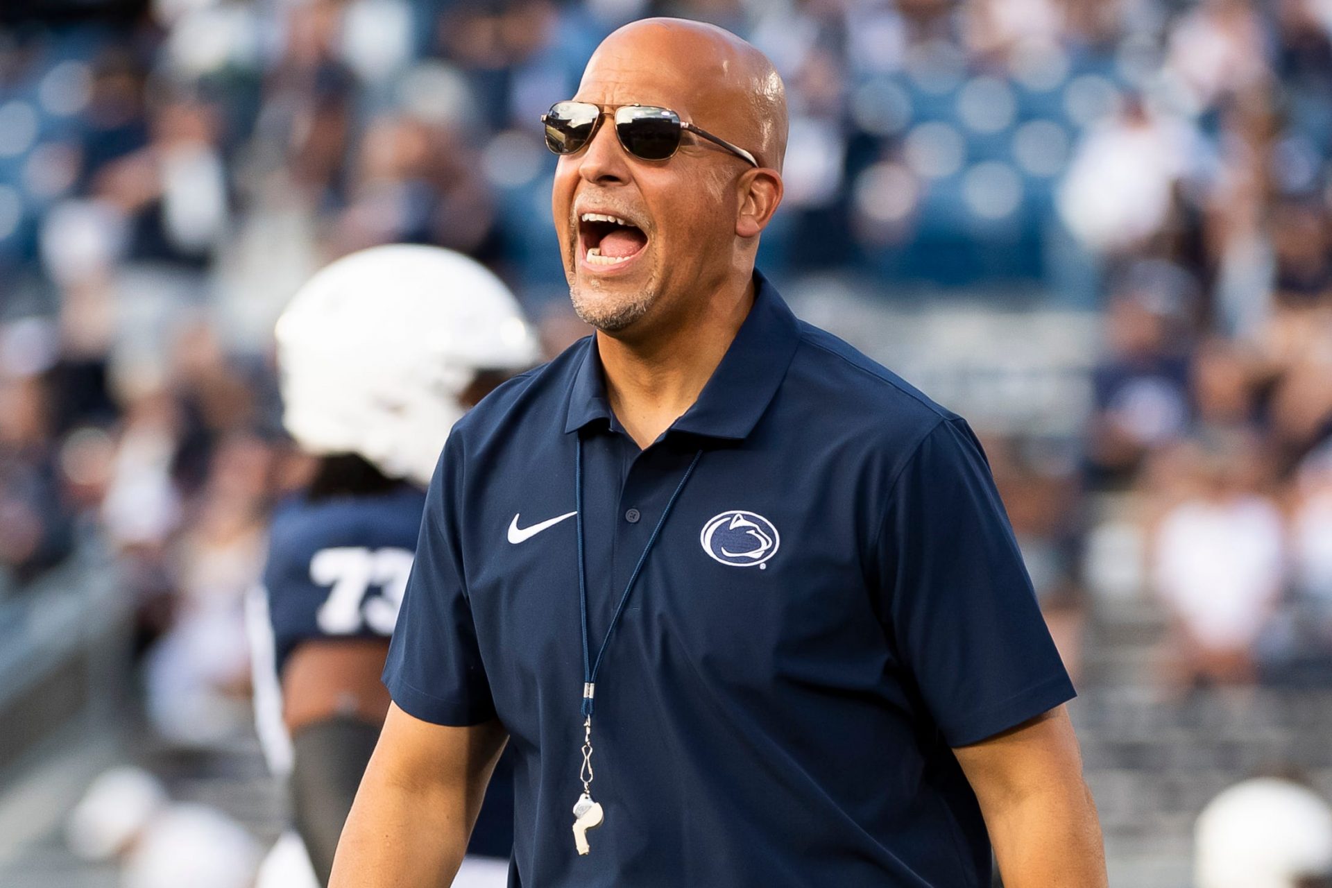 Penn State head football coach James Franklin yells during warmups at Beaver Stadium September 2, 2023, in State College.