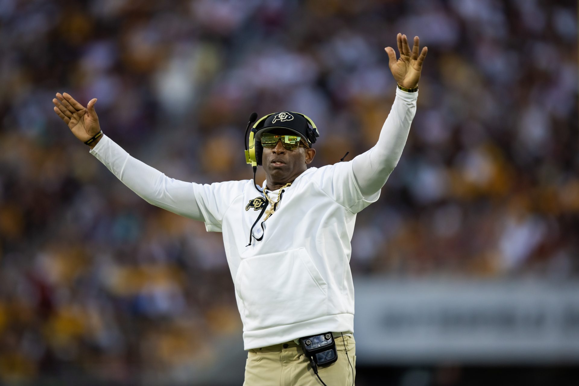 Colorado Buffaloes head coach Deion Sanders reacts against the Arizona State Sun Devils in the second half at Mountain America Stadium.