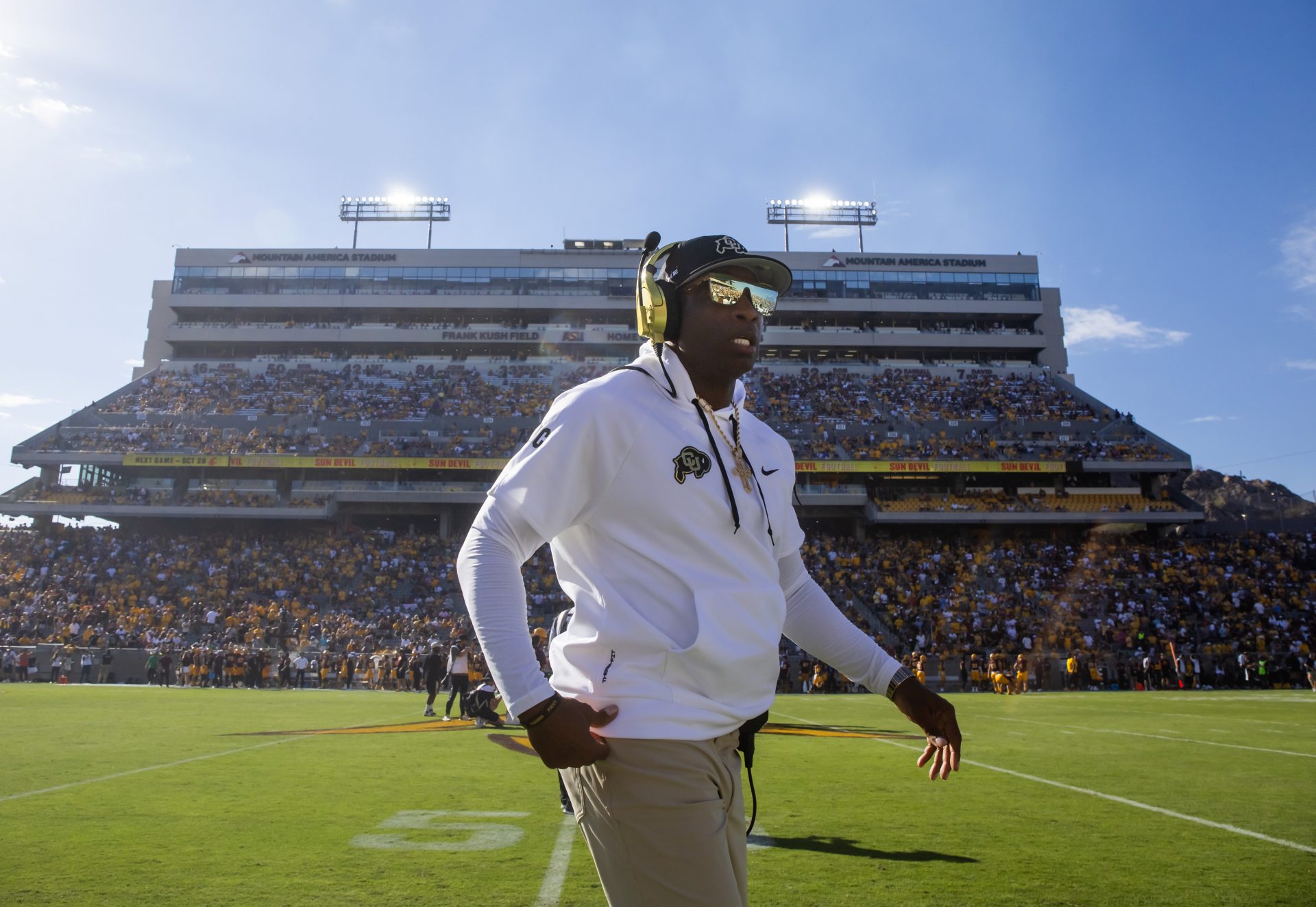 Colorado Buffaloes head coach Deion Sanders against the Arizona State Sun Devils at Mountain America Stadium.
