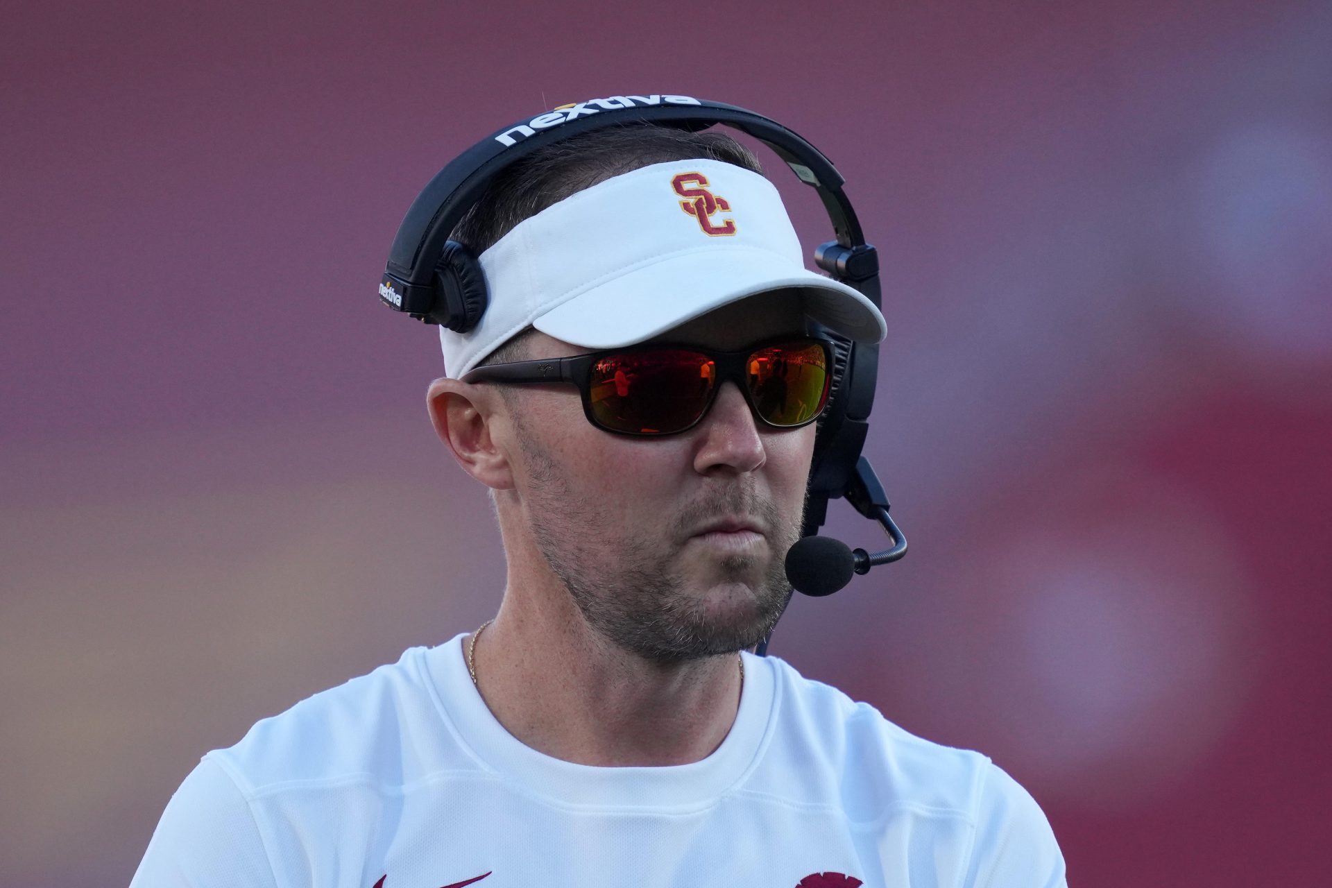 California, USA; Southern California Trojans head coach Lincoln Riley watches from the sidelines against the Utah Utes in the first half at United Airlines Field at Los Angeles Memorial Coliseum.
