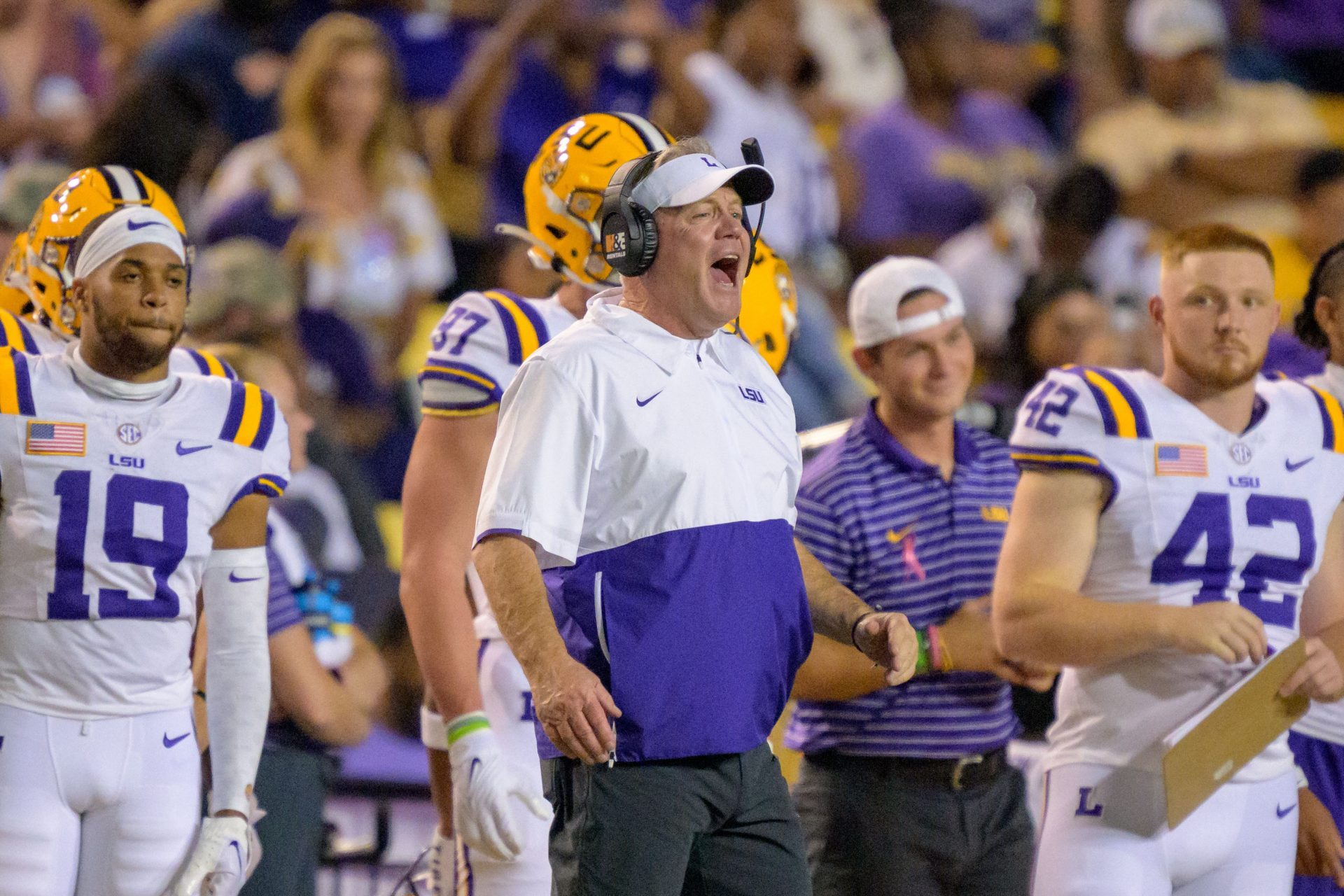 LSU Tigers head coach Brian Kelly calls out against the Army Black Knights at Tiger Stadium.
