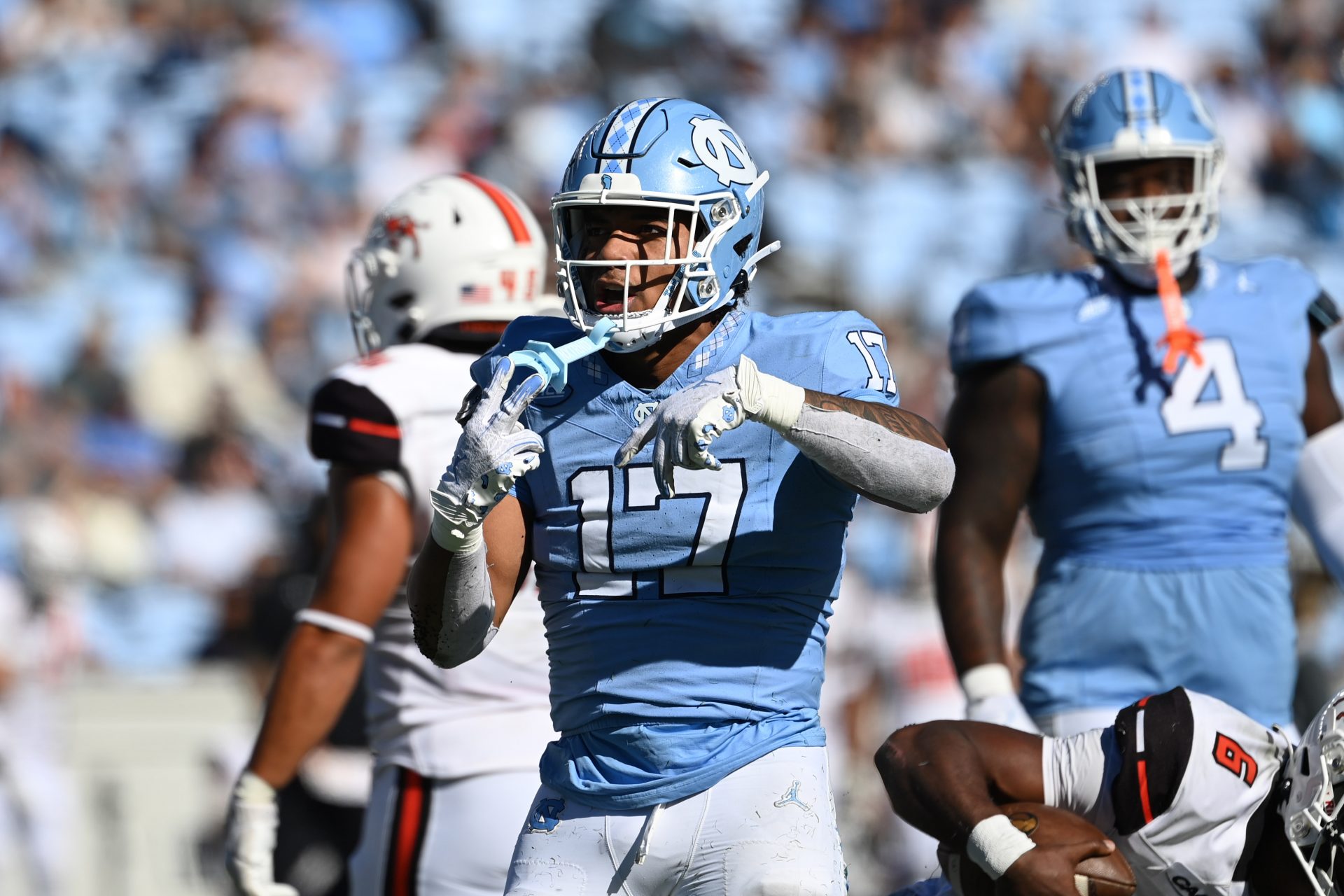 North Carolina Tar Heels linebacker Amare Campbell (17) reacts in the third quarter at Kenan Memorial Stadium.