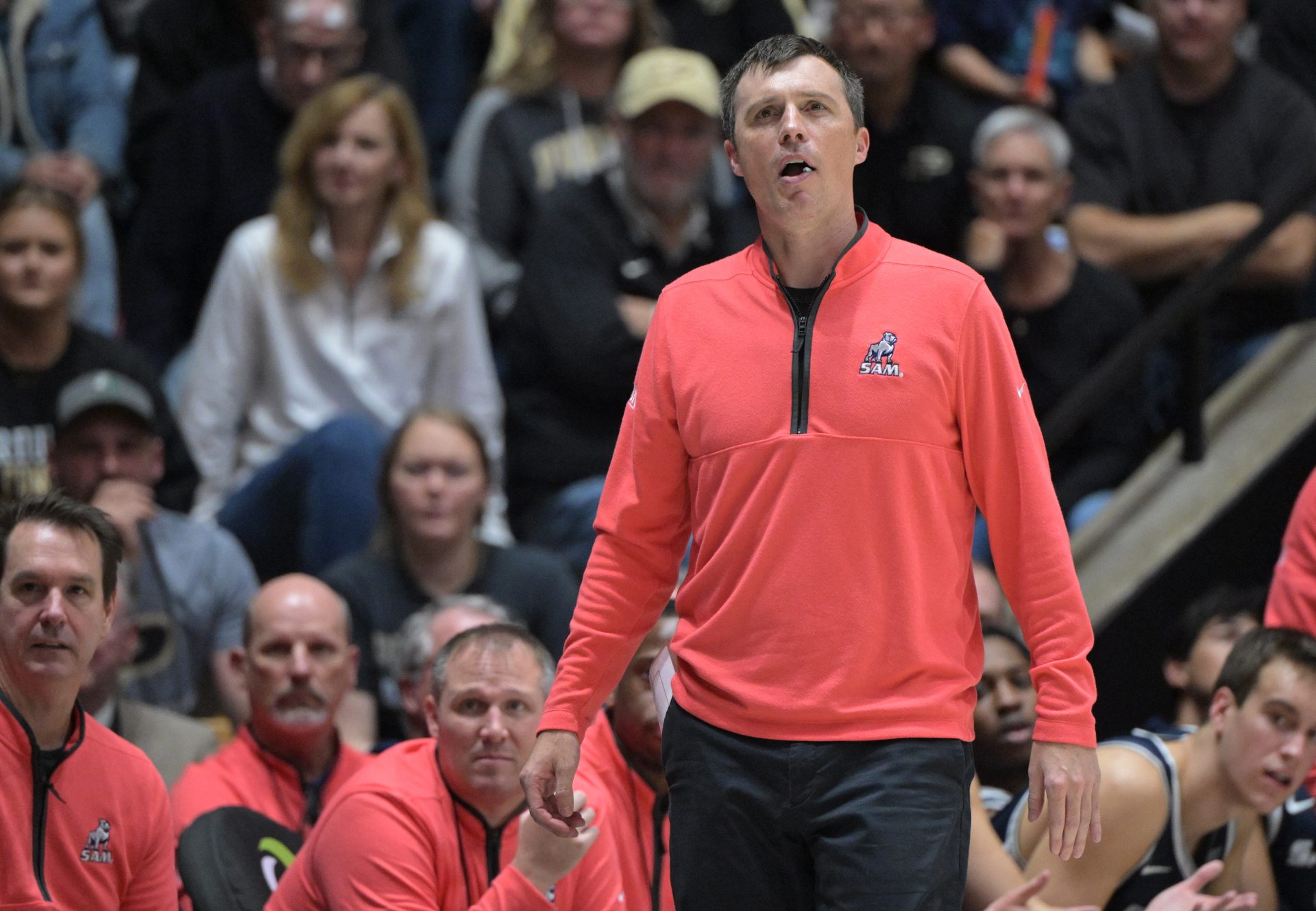 Samford Bulldogs head coach Bucky McMillan looks up at the video board during the second half against the Purdue Boilermakers at Mackey Arena.