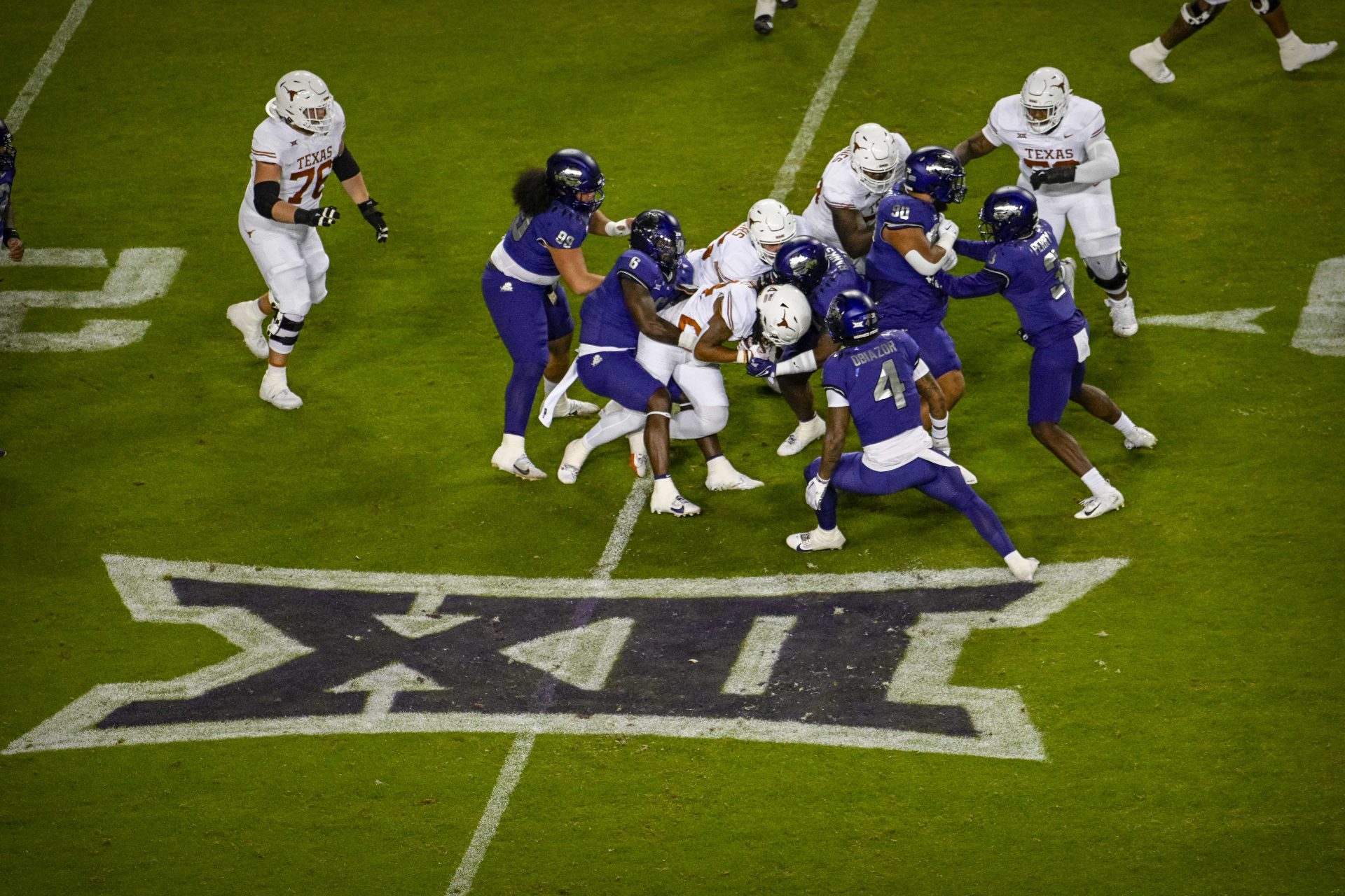 A view of the big 12 logo during the game between the TCU Horned Frogs and the Texas Longhorns at Amon G. Carter Stadium.