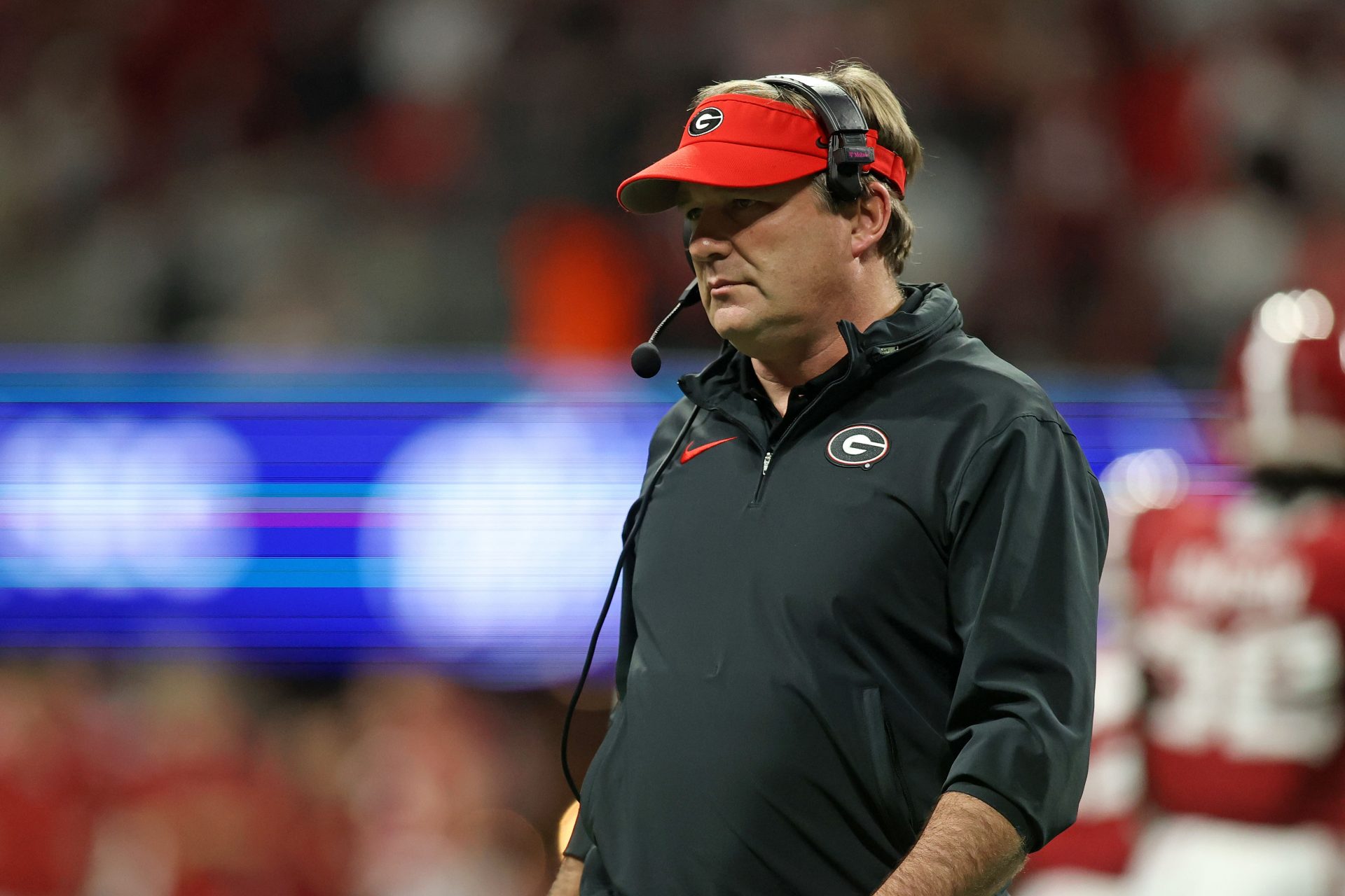 Georgia Bulldogs head coach Kirby Smart during the first half of the SEC Championship game against the Alabama Crimson Tide at Mercedes-Benz Stadium.