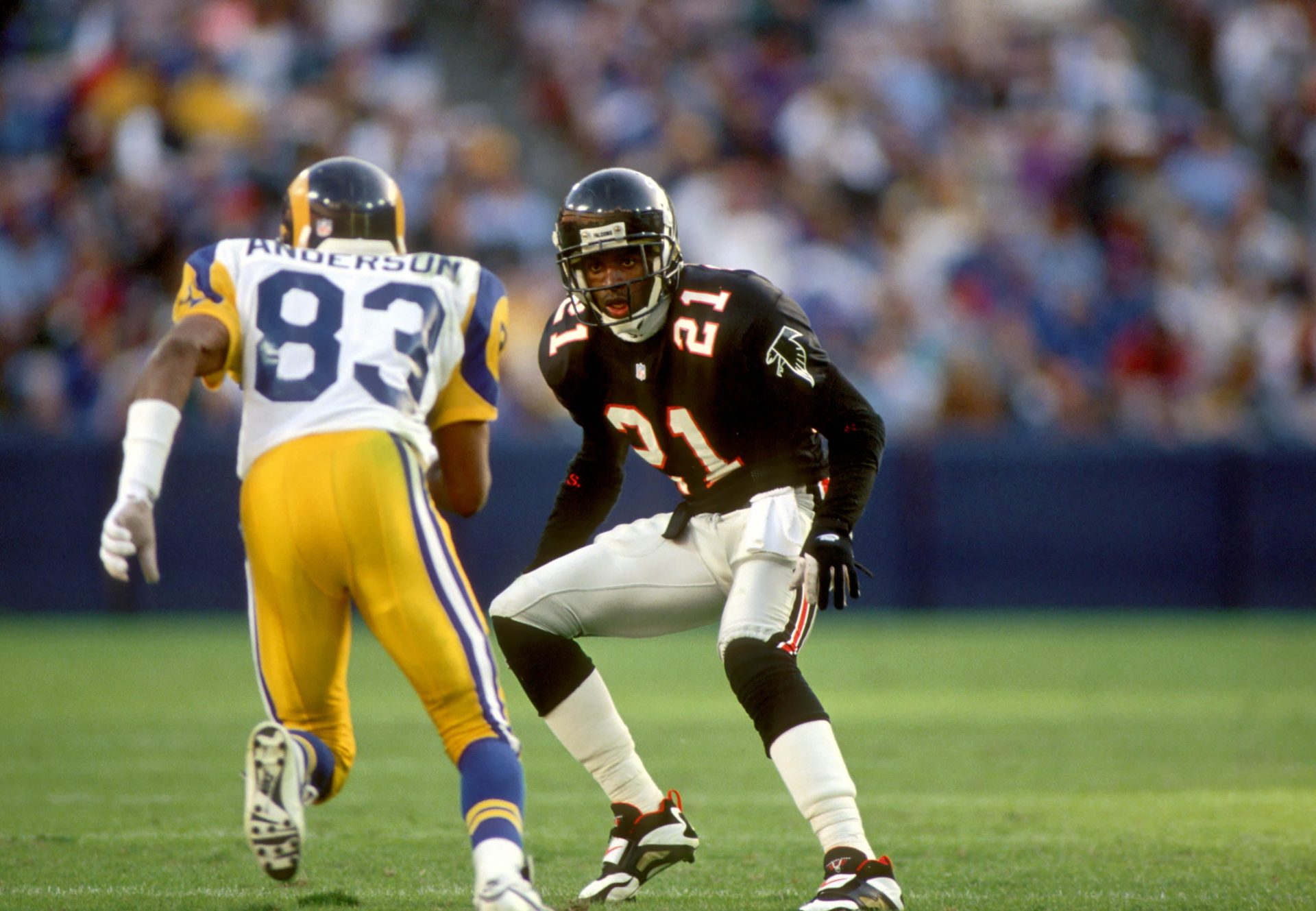 FILE PHOTO; Atlanta Falcons defensive back Deion Sanders (21) in action against the Los Angeles Rams at Fulton County Stadium.