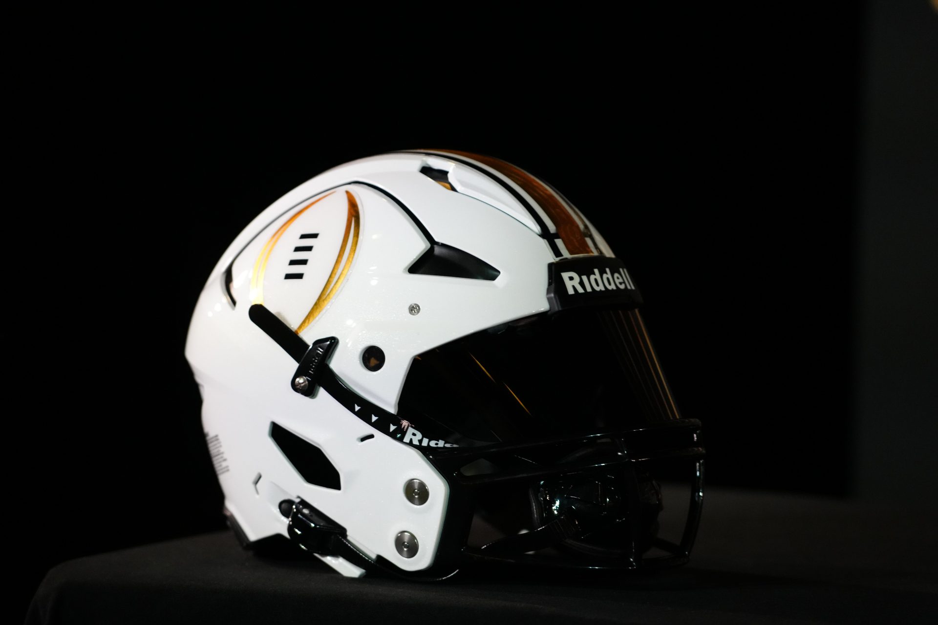 A helmet with the College Football Playoff logo at the CFP National Championship Head Coaches press conference at JW Marriot Houston by the Galleria.