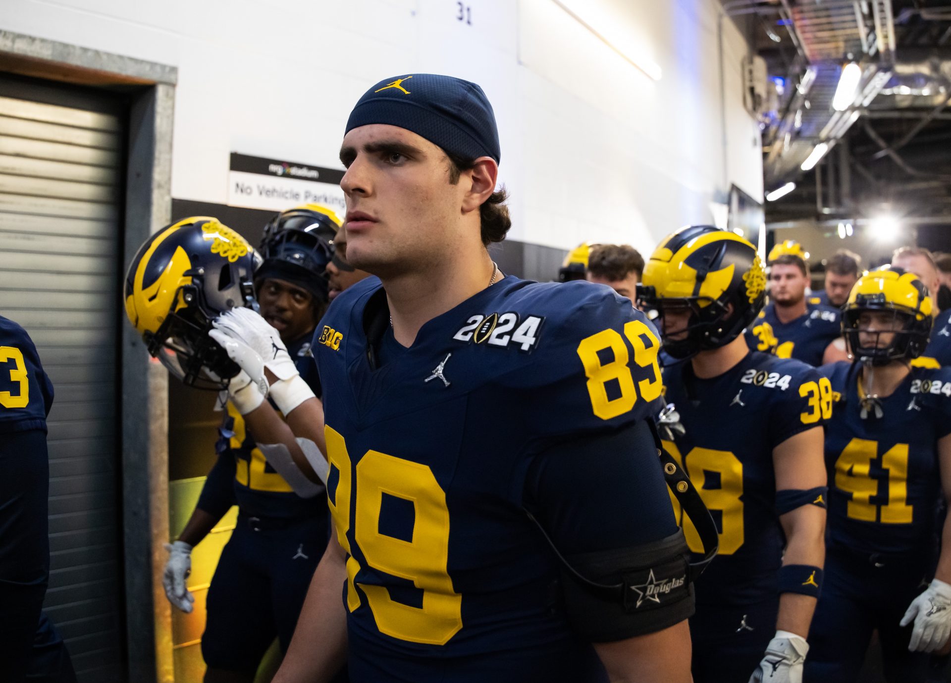 Michigan Wolverines defensive lineman Alessandro Lorenzetti (89) against the Washington Huskies during the 2024 College Football Playoff national championship game at NRG Stadium.